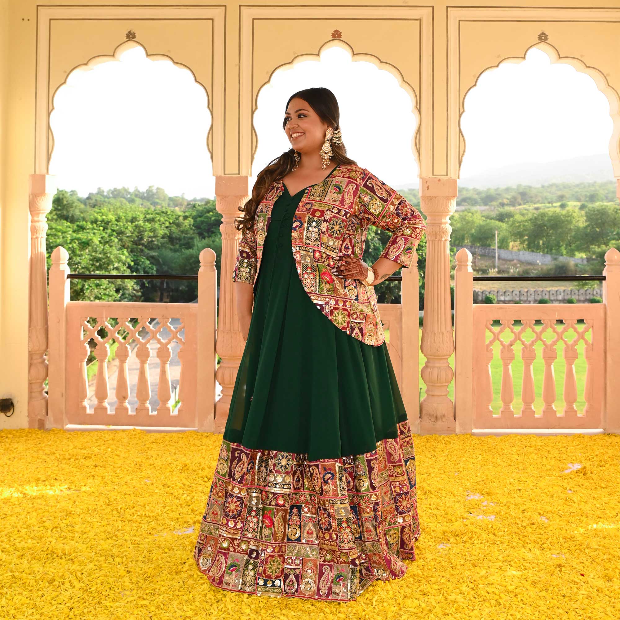 Regal Green Position Embroidered Anarkali With Koti