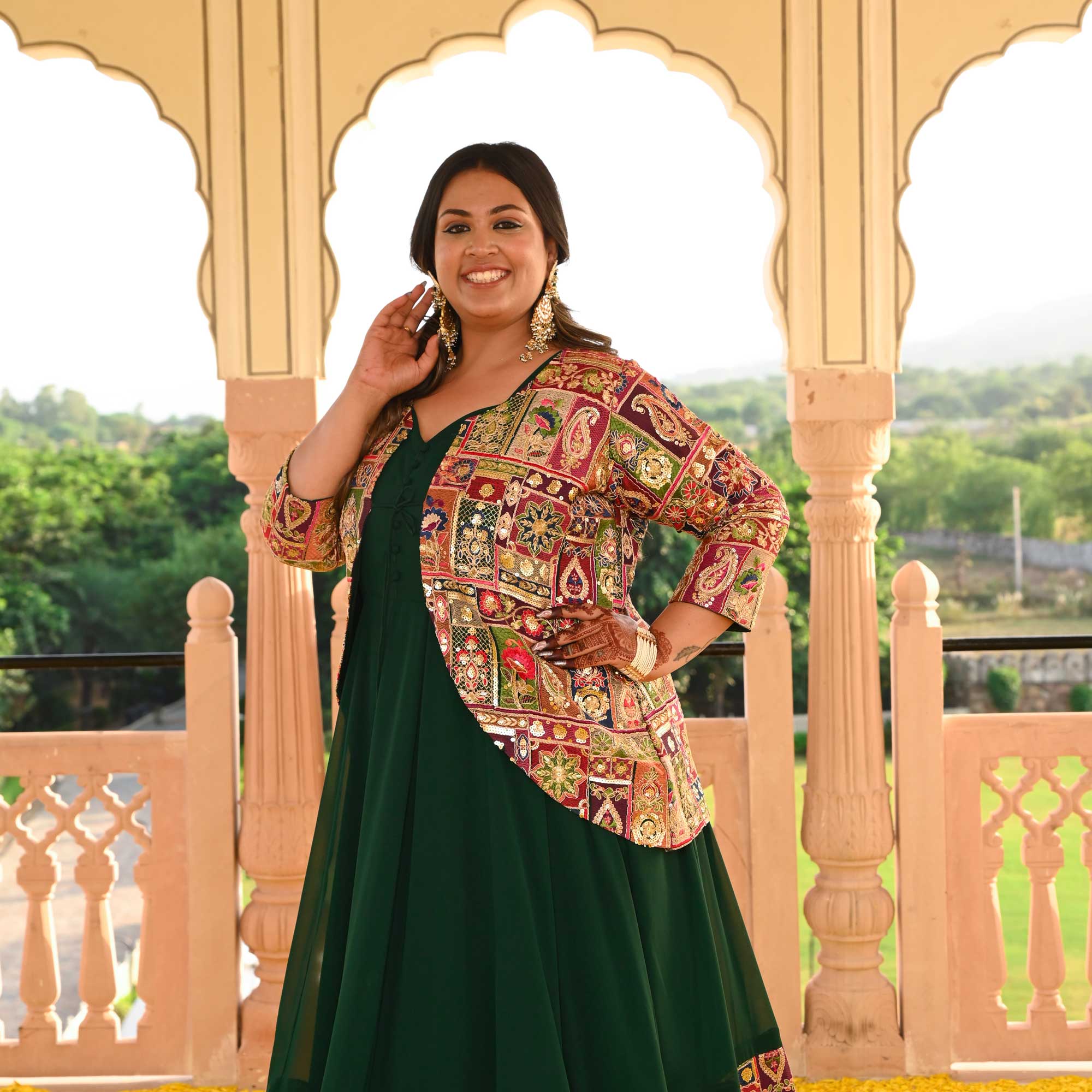 Regal Green Position Embroidered Anarkali With Koti