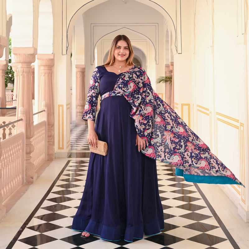 Highness Blue Position Printed Dress with Belt Drape