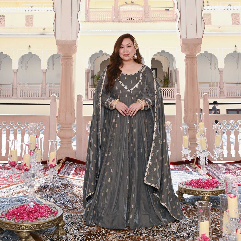 Grace In Grey Velvet Anarkali Set