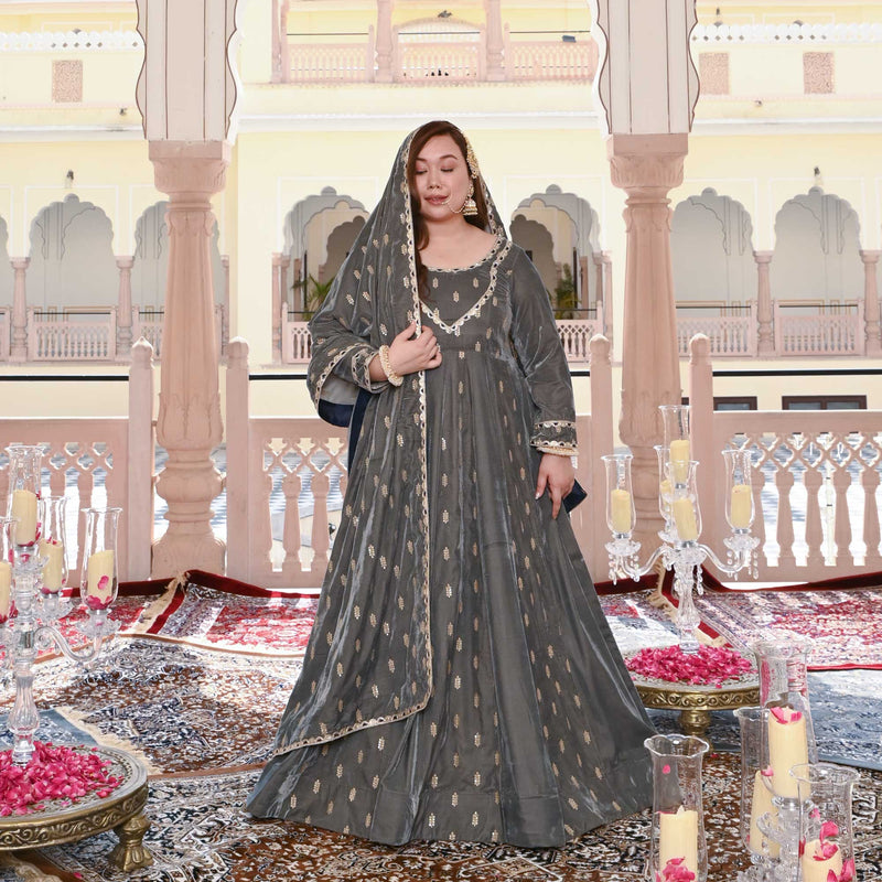 Grace In Grey Velvet Anarkali Set