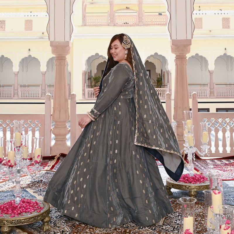 Grace In Grey Velvet Anarkali Set