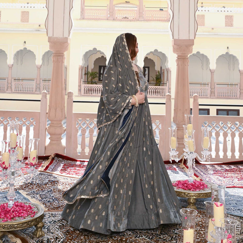 Grace In Grey Velvet Anarkali Set