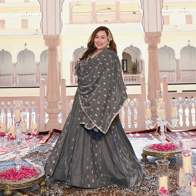 Grace In Grey Velvet Anarkali Set
