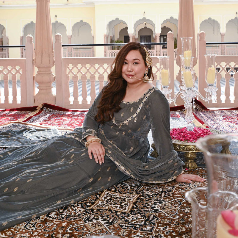 Grace In Grey Velvet Anarkali Set