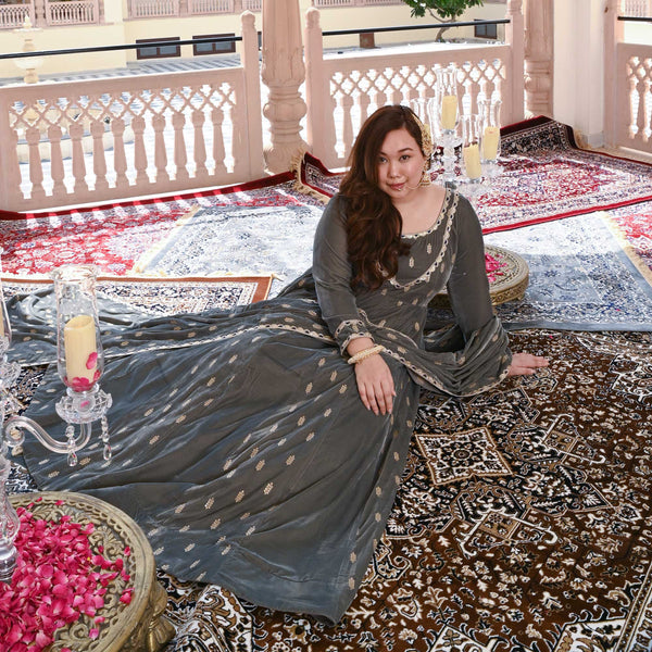 Grace In Grey Velvet Anarkali Set