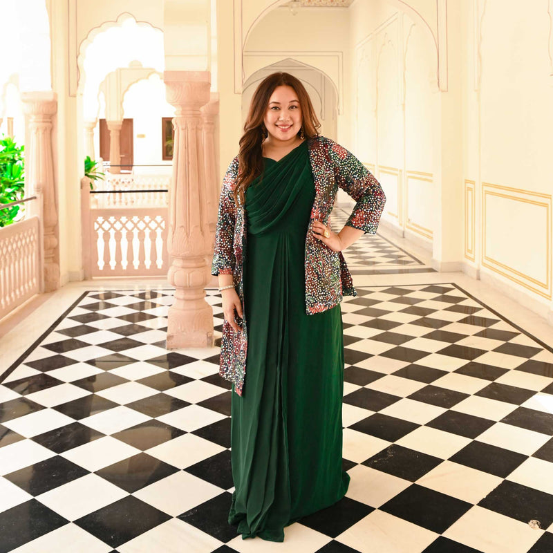 Modish Green Drape Saree Dress with Sequin Embroidered Blazer