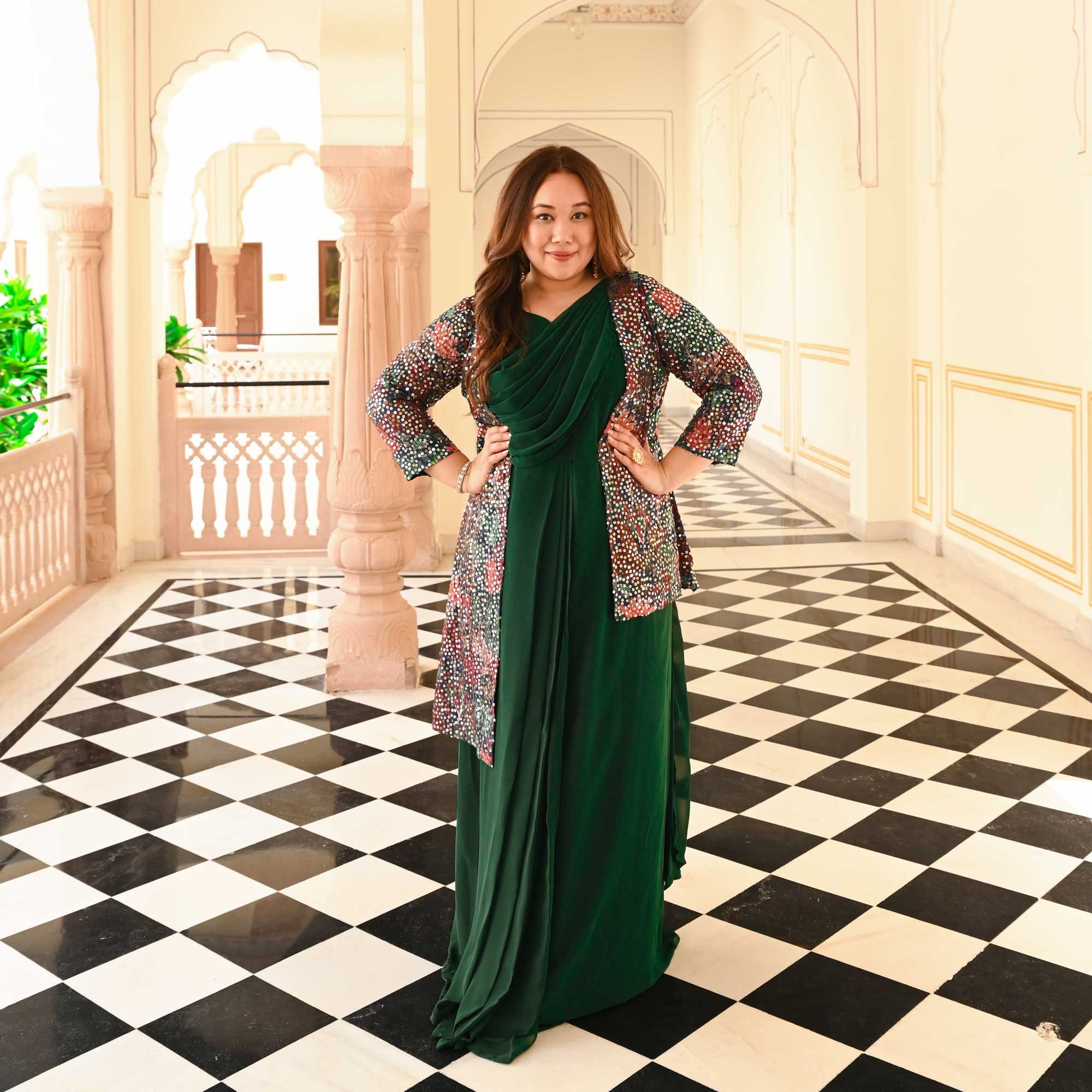 Modish Green Drape Saree Dress with Sequin Embroidered Blazer