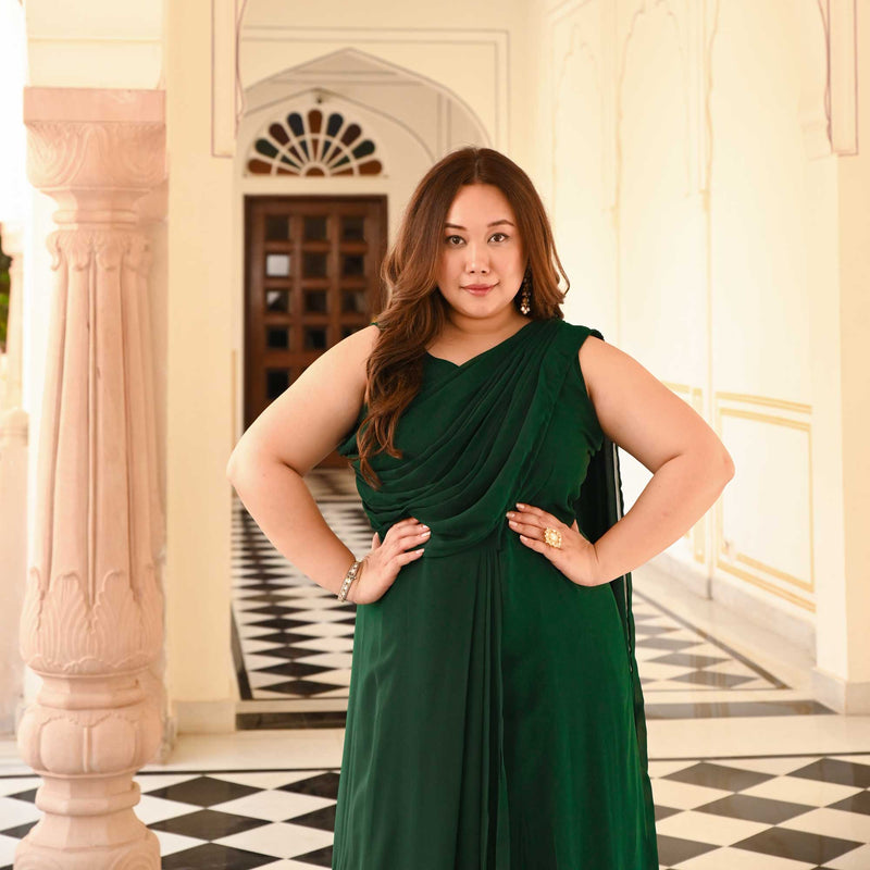 Modish Green Drape Saree Dress with Sequin Embroidered Blazer