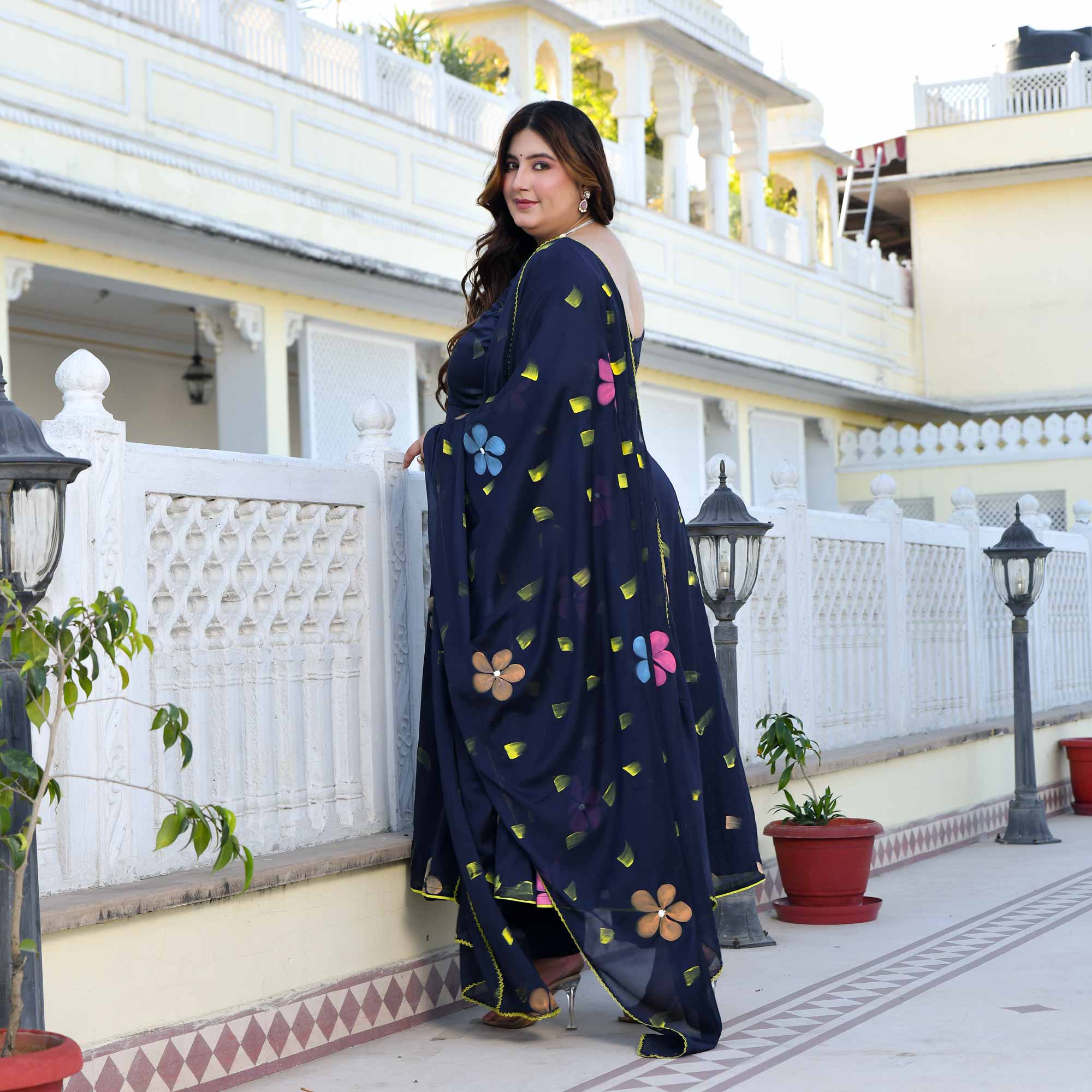 Oxford Stroke- Deep Blue Hand Painted Anarkali Set