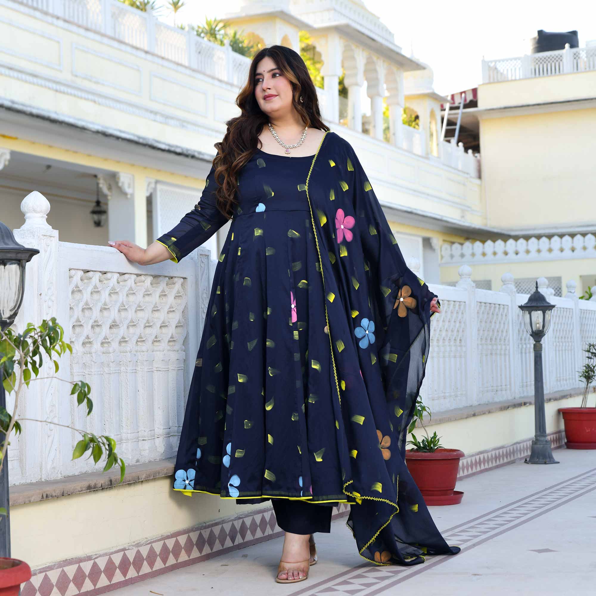 Oxford Stroke- Deep Blue Hand Painted Anarkali Set