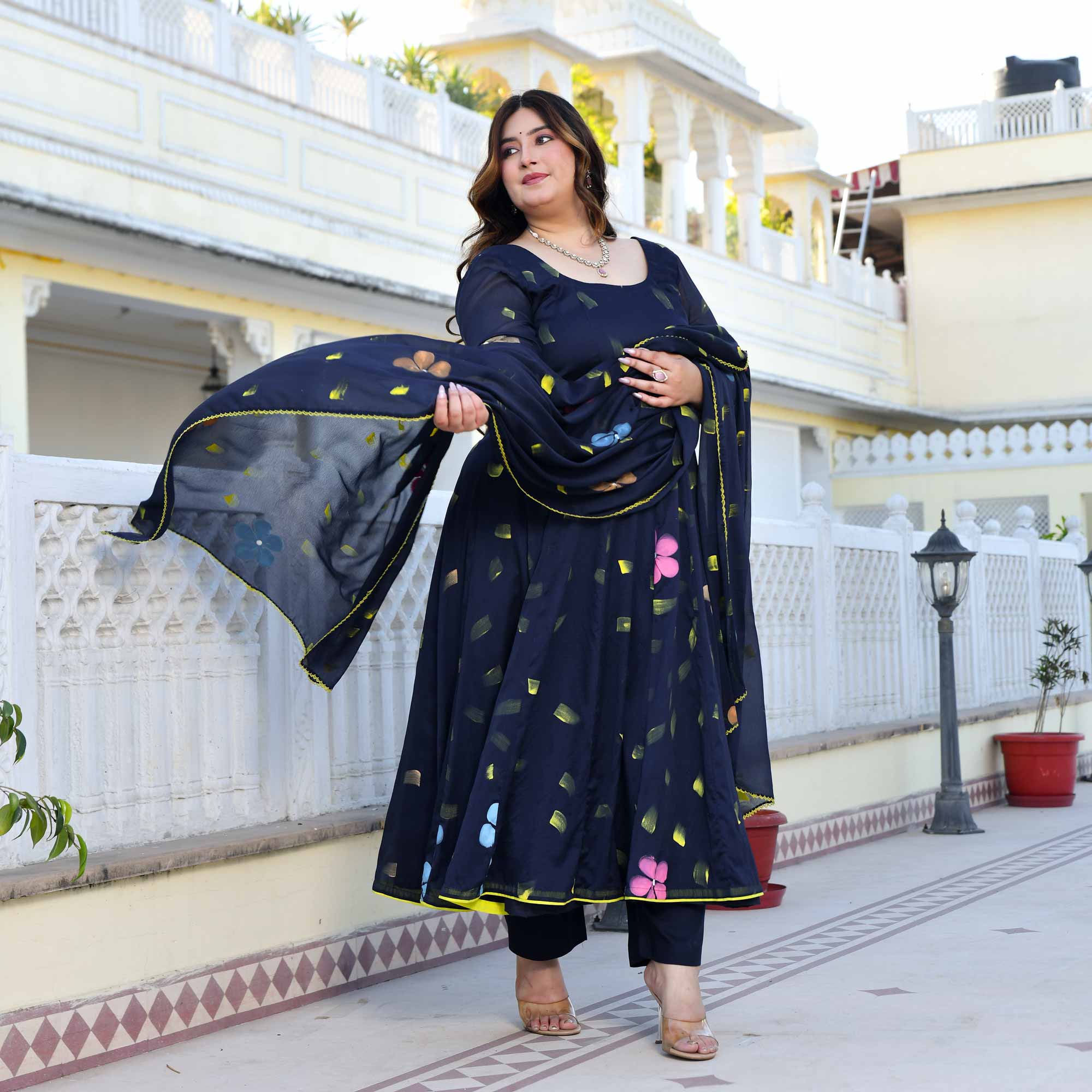 Oxford Stroke- Deep Blue Hand Painted Anarkali Set
