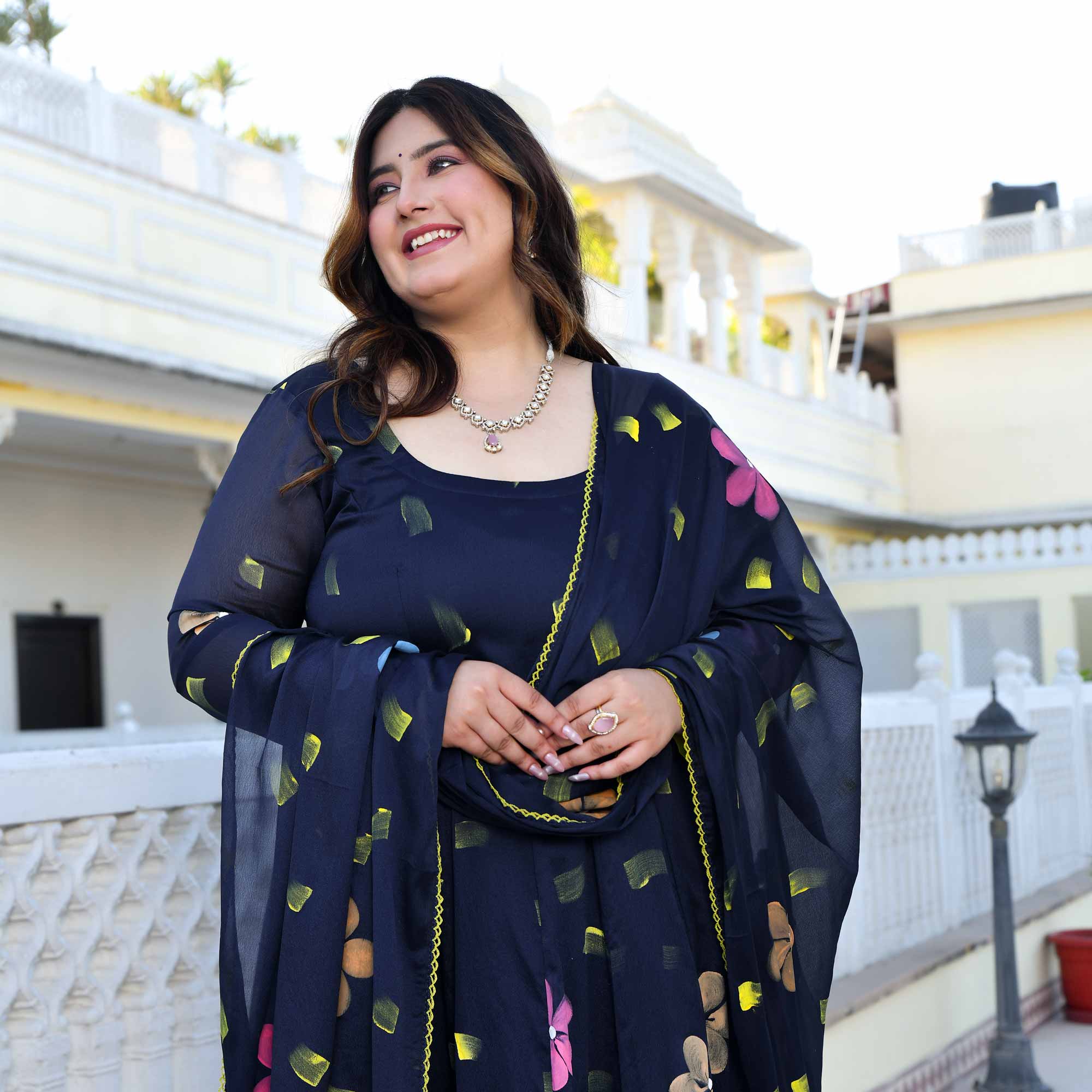 Oxford Stroke- Deep Blue Hand Painted Anarkali Set