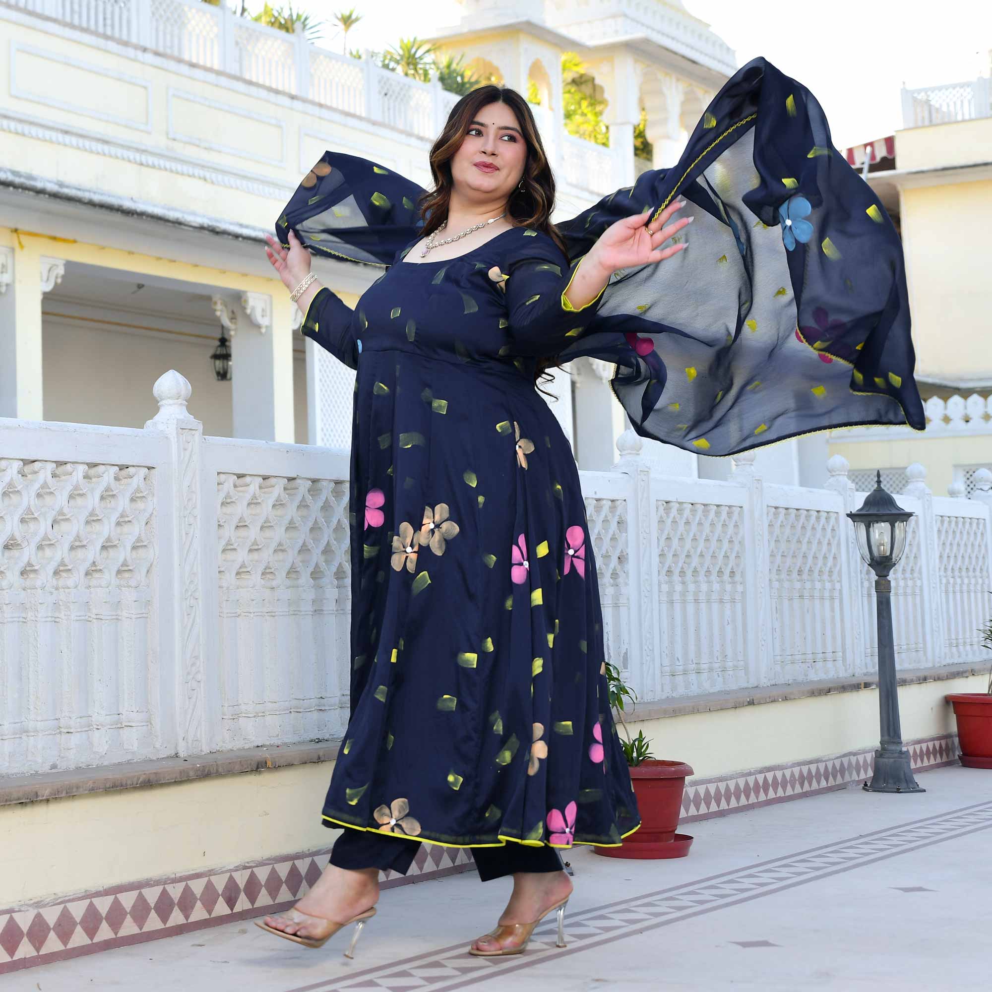Oxford Stroke- Deep Blue Hand Painted Anarkali Set