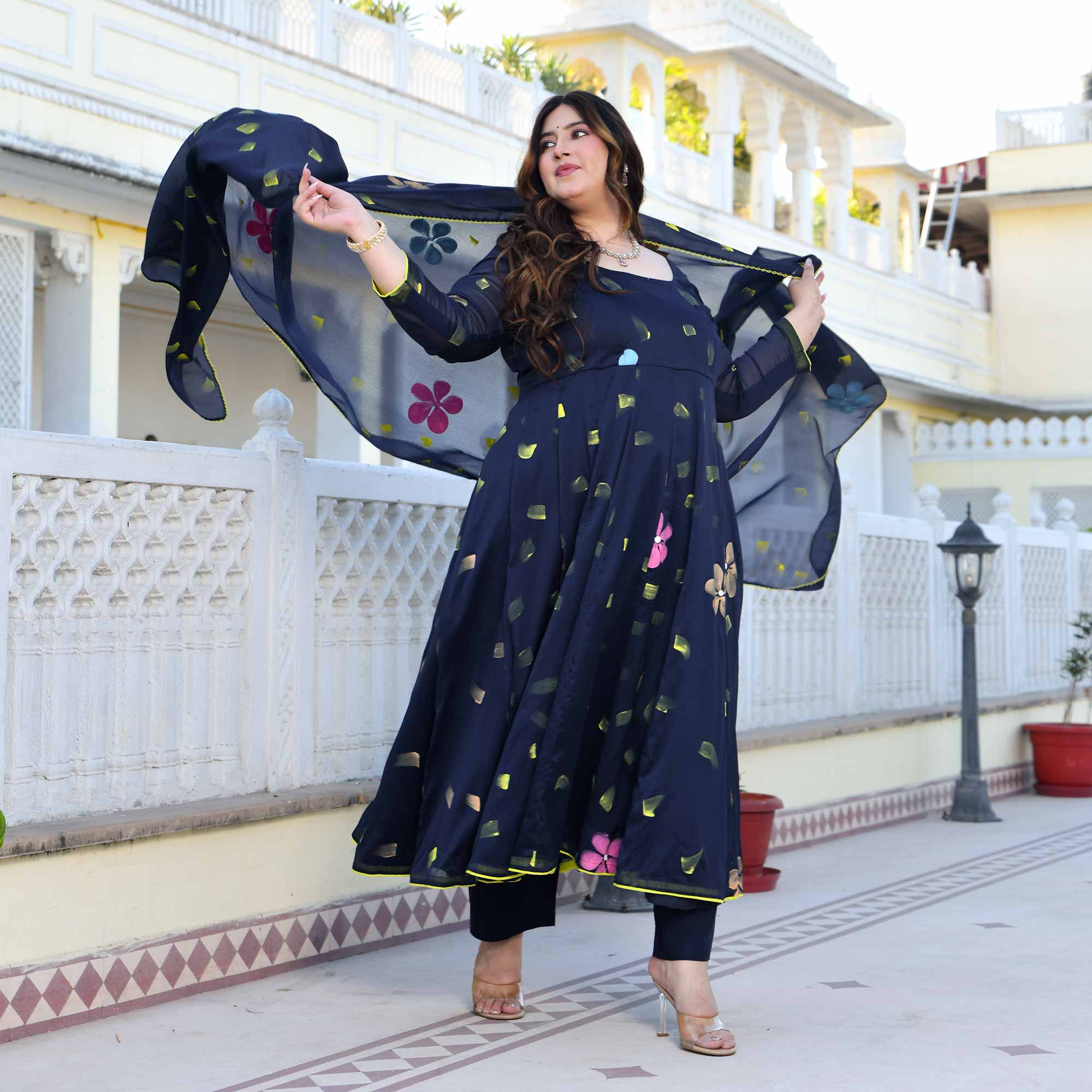 Oxford Stroke- Deep Blue Hand Painted Anarkali Set