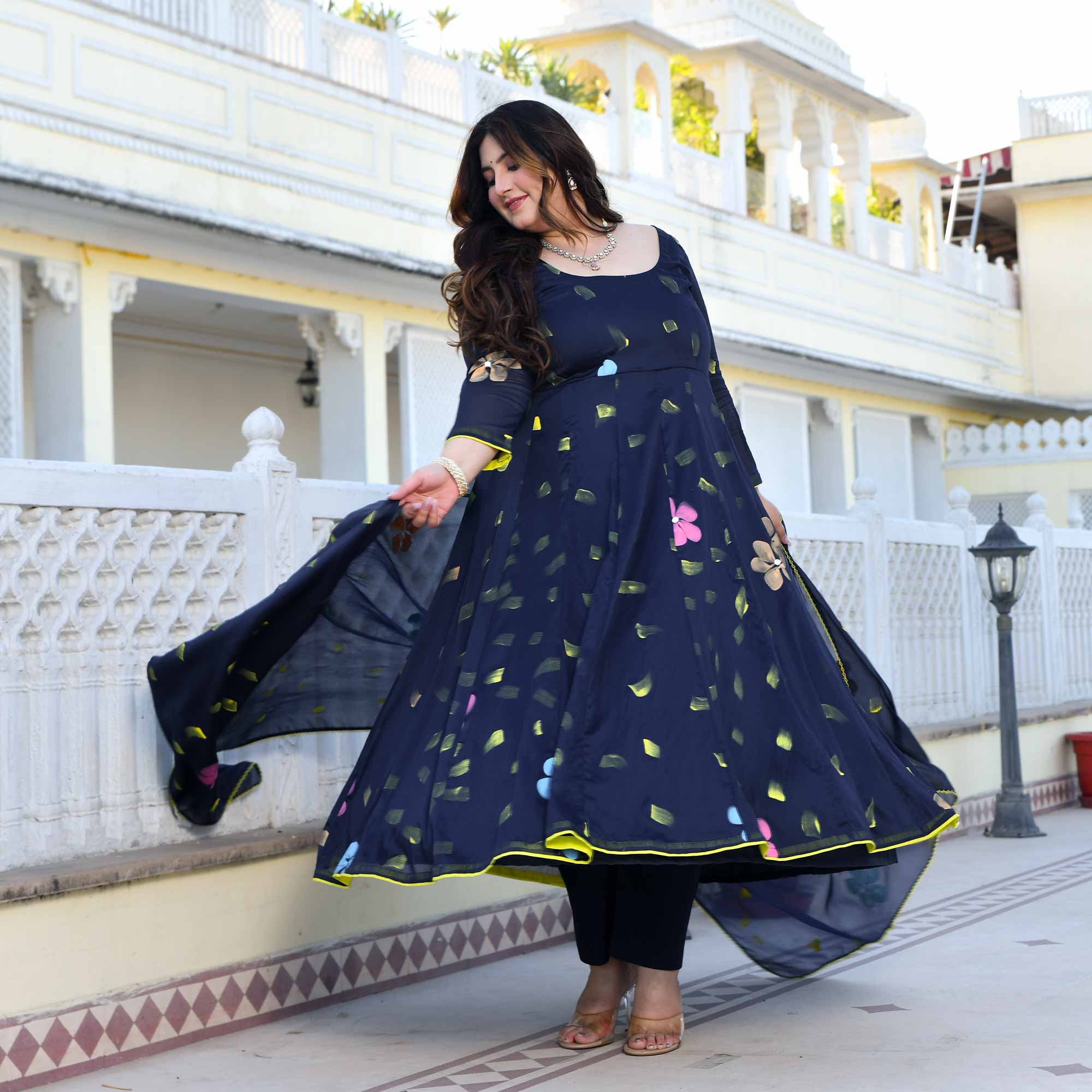 Oxford Stroke- Deep Blue Hand Painted Anarkali Set