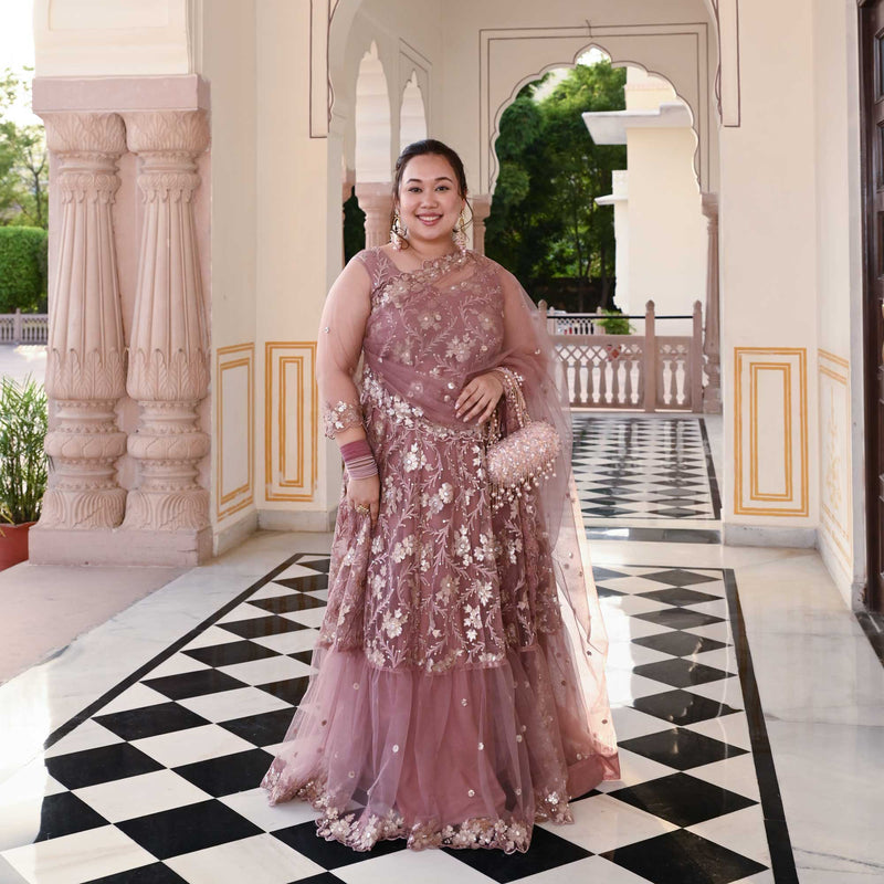 Regal Mauve Floral Sequin Net Dress With Drape