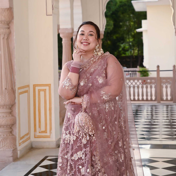 Regal Mauve Floral Sequin Net Dress With Drape