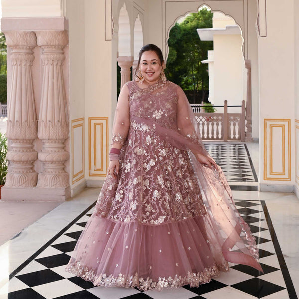 Regal Mauve Floral Sequin Net Dress With Drape