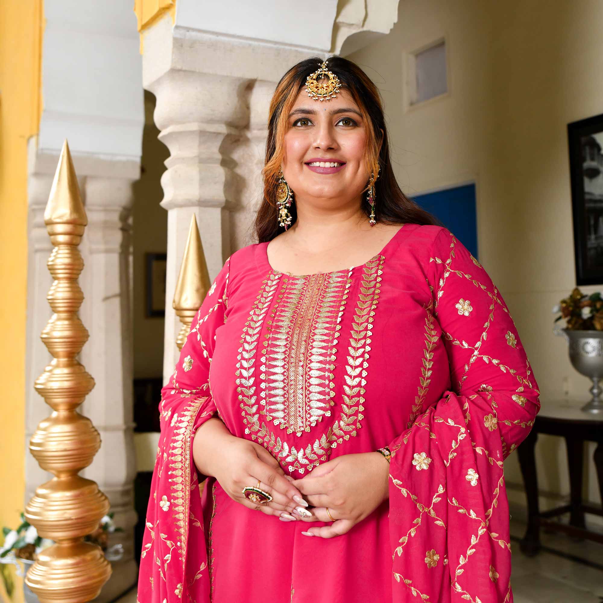Plush-Deep Pink Zari Embroidered Georgette Suit Set