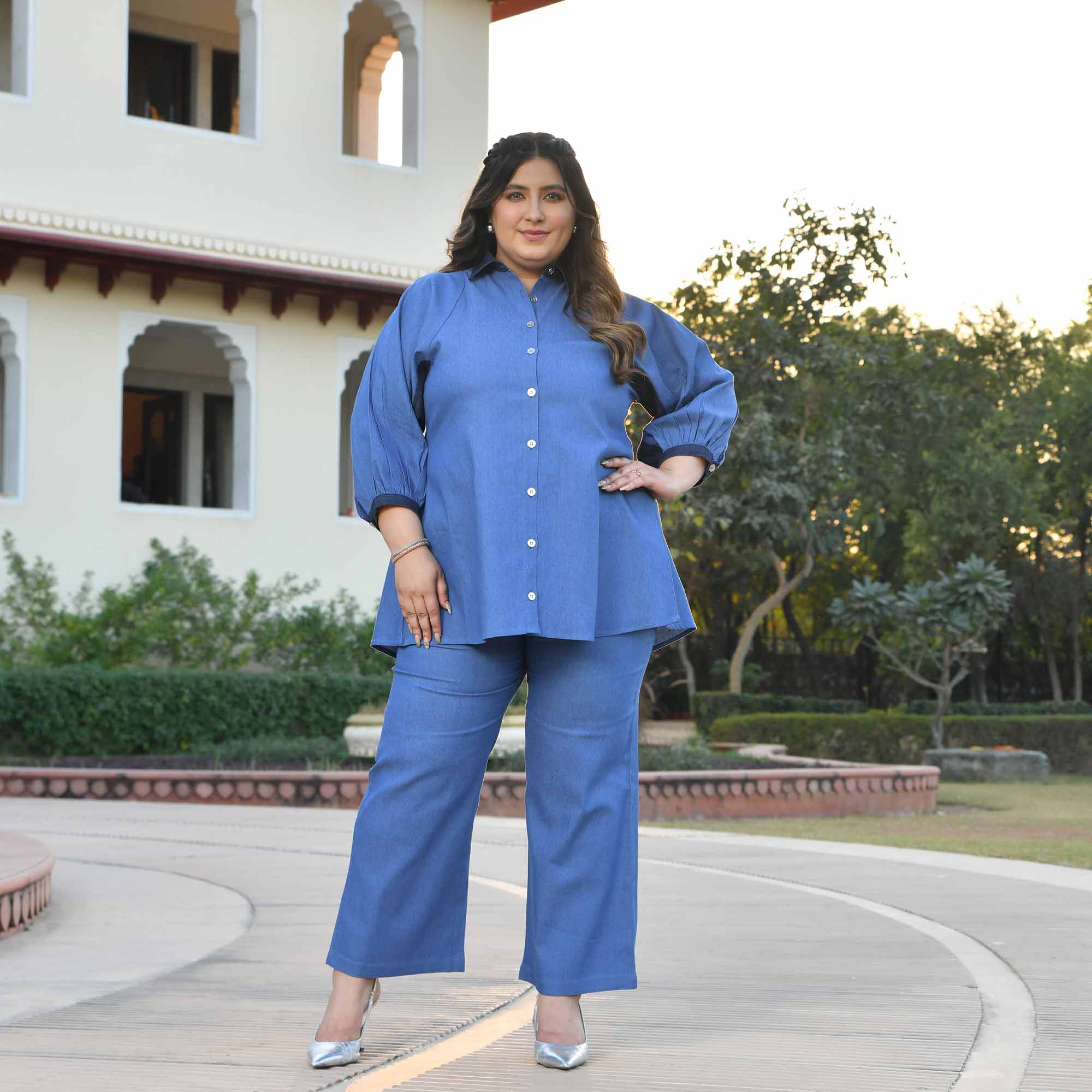 Wonderland- Medium Blue Denim Lycra Shirt Co-Ord Set