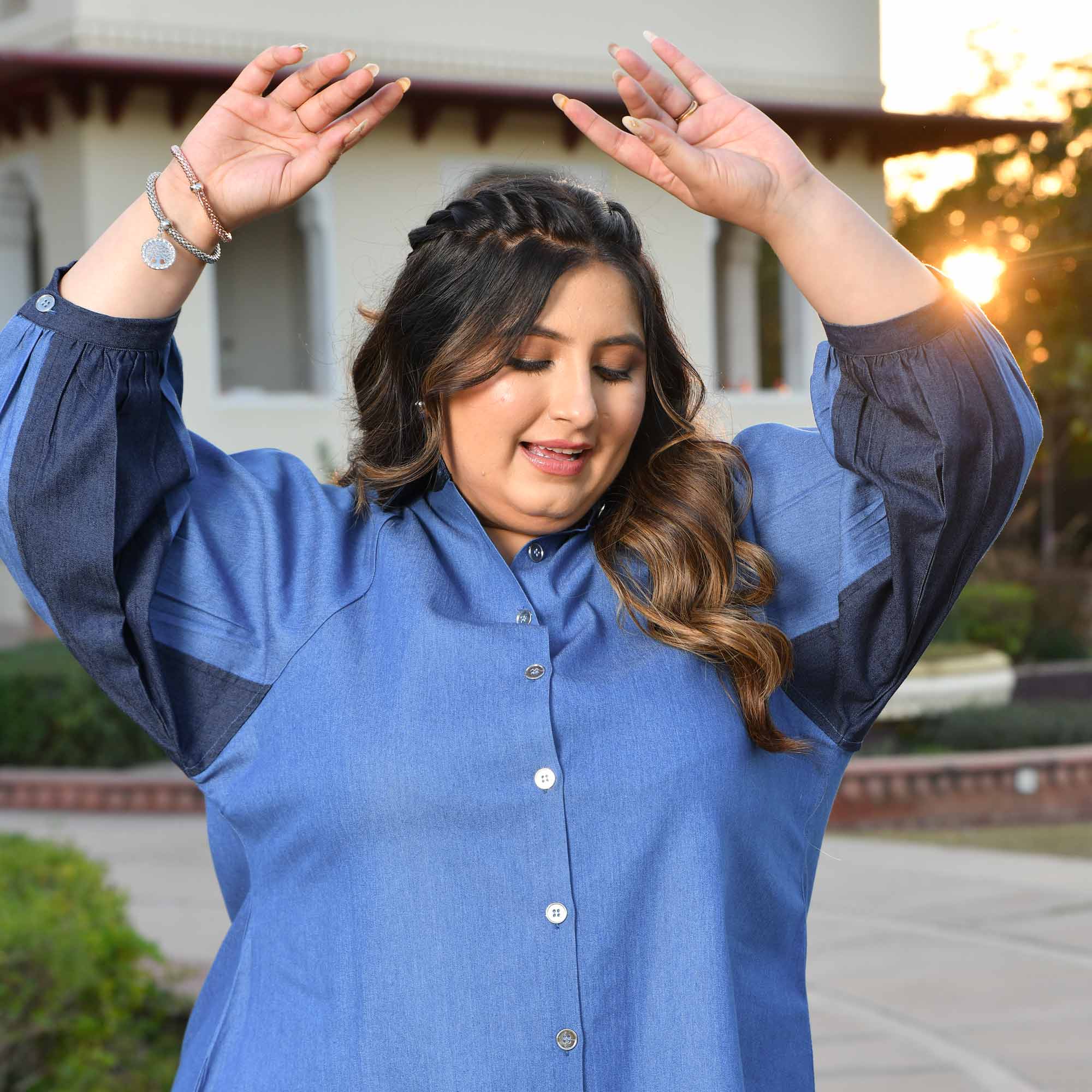 Wonderland- Medium Blue Denim Lycra Shirt Co-Ord Set