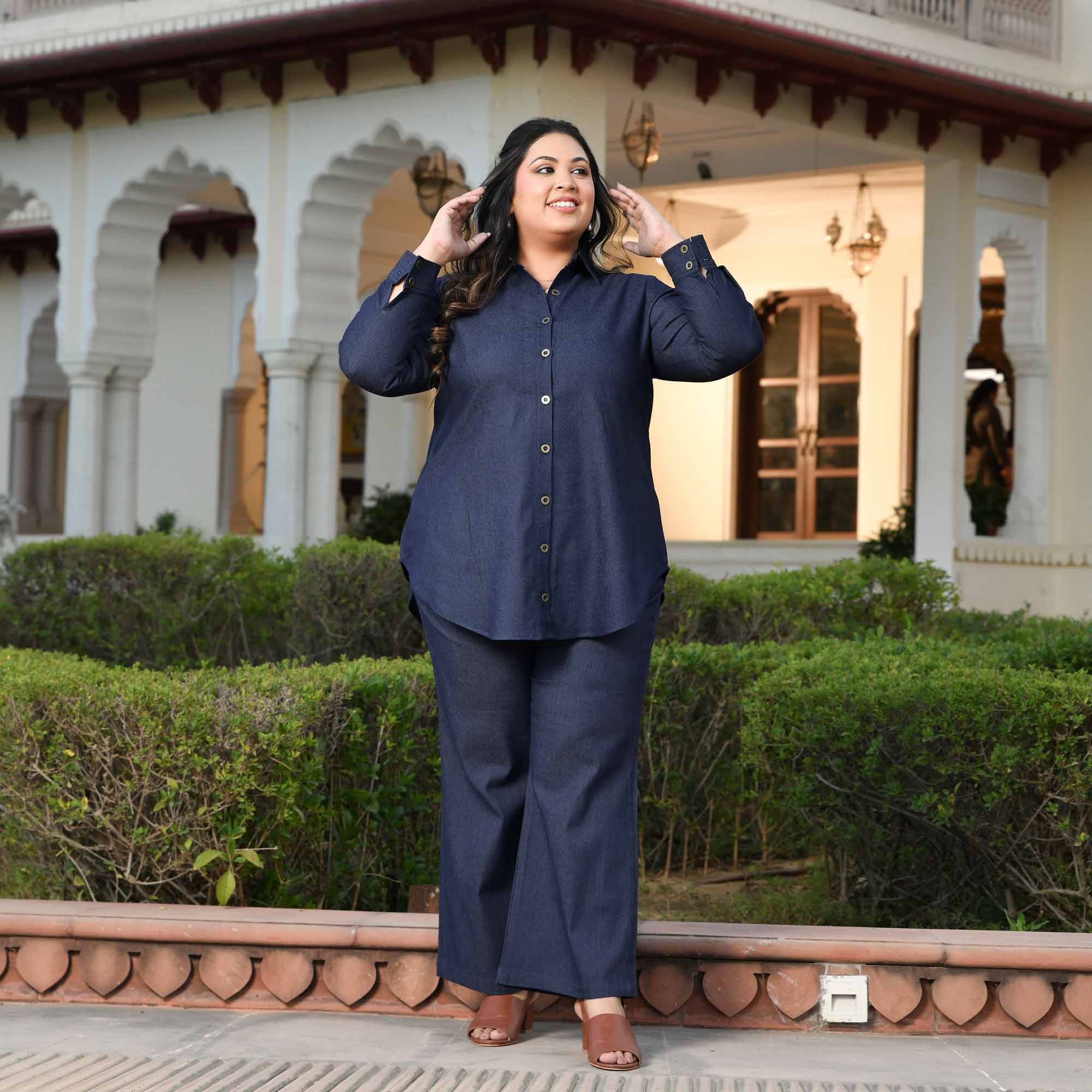 Rom-Com - Deep Blue Denim Lycra Shirt Co-Ord Set