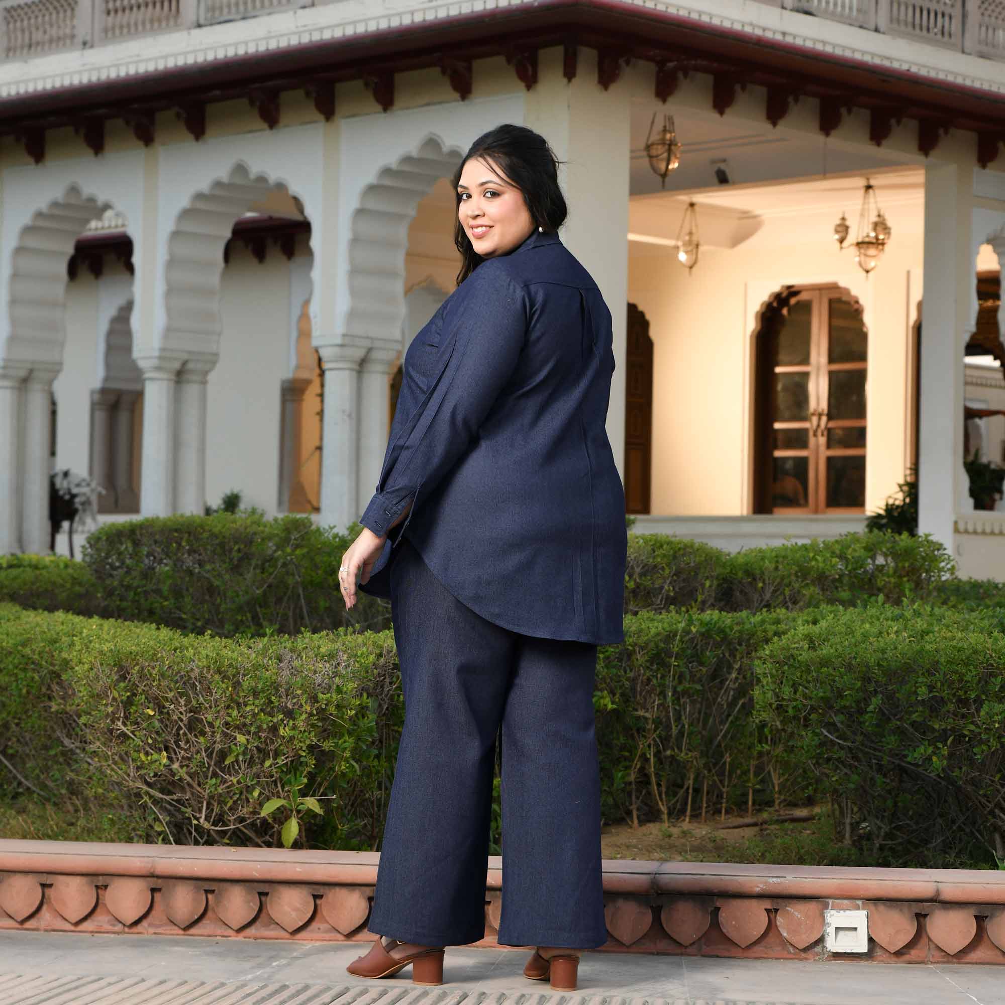 Rom-Com - Deep Blue Denim Lycra Shirt Co-Ord Set