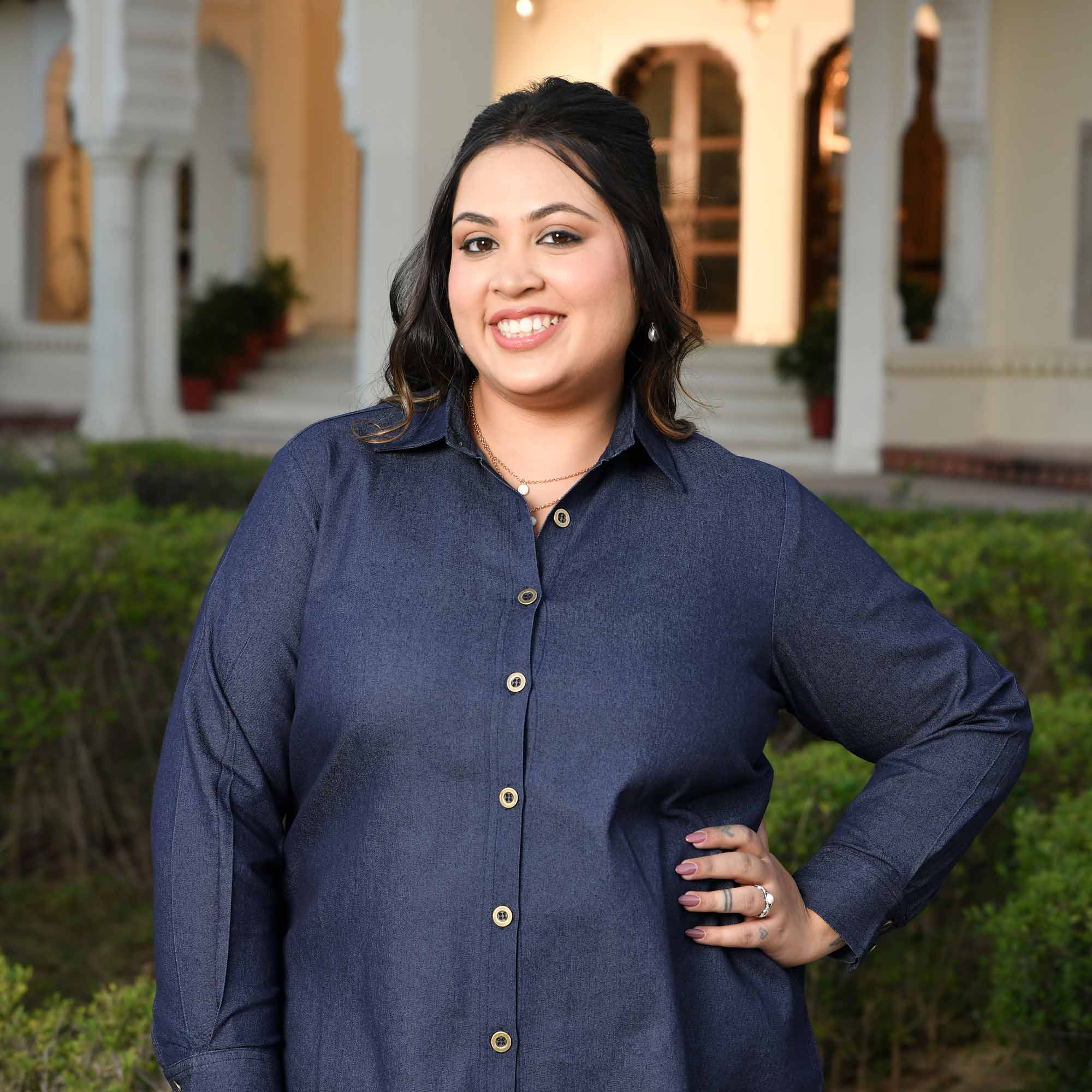 Rom-Com - Deep Blue Denim Lycra Shirt Co-Ord Set