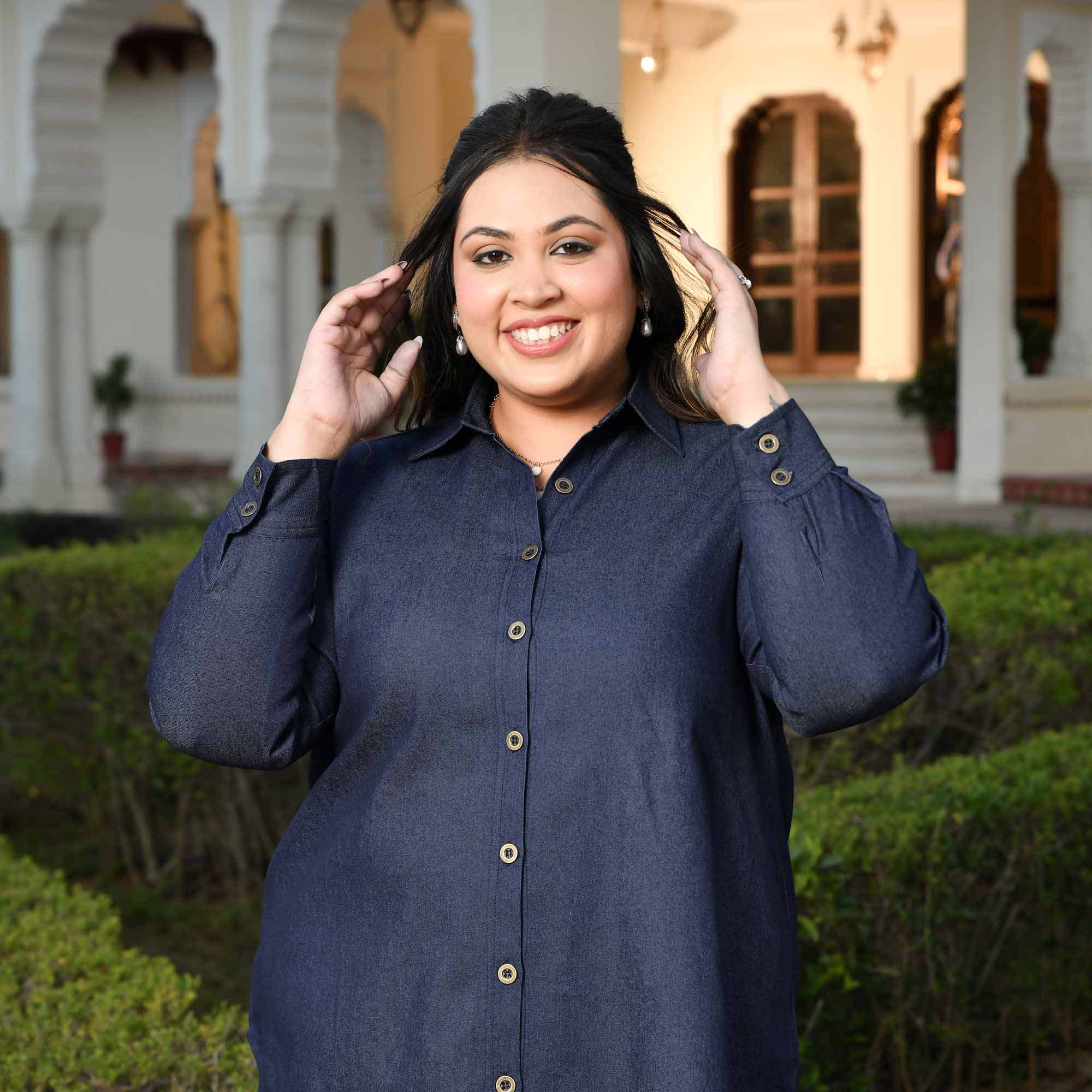 Rom-Com - Deep Blue Denim Lycra Shirt Co-Ord Set