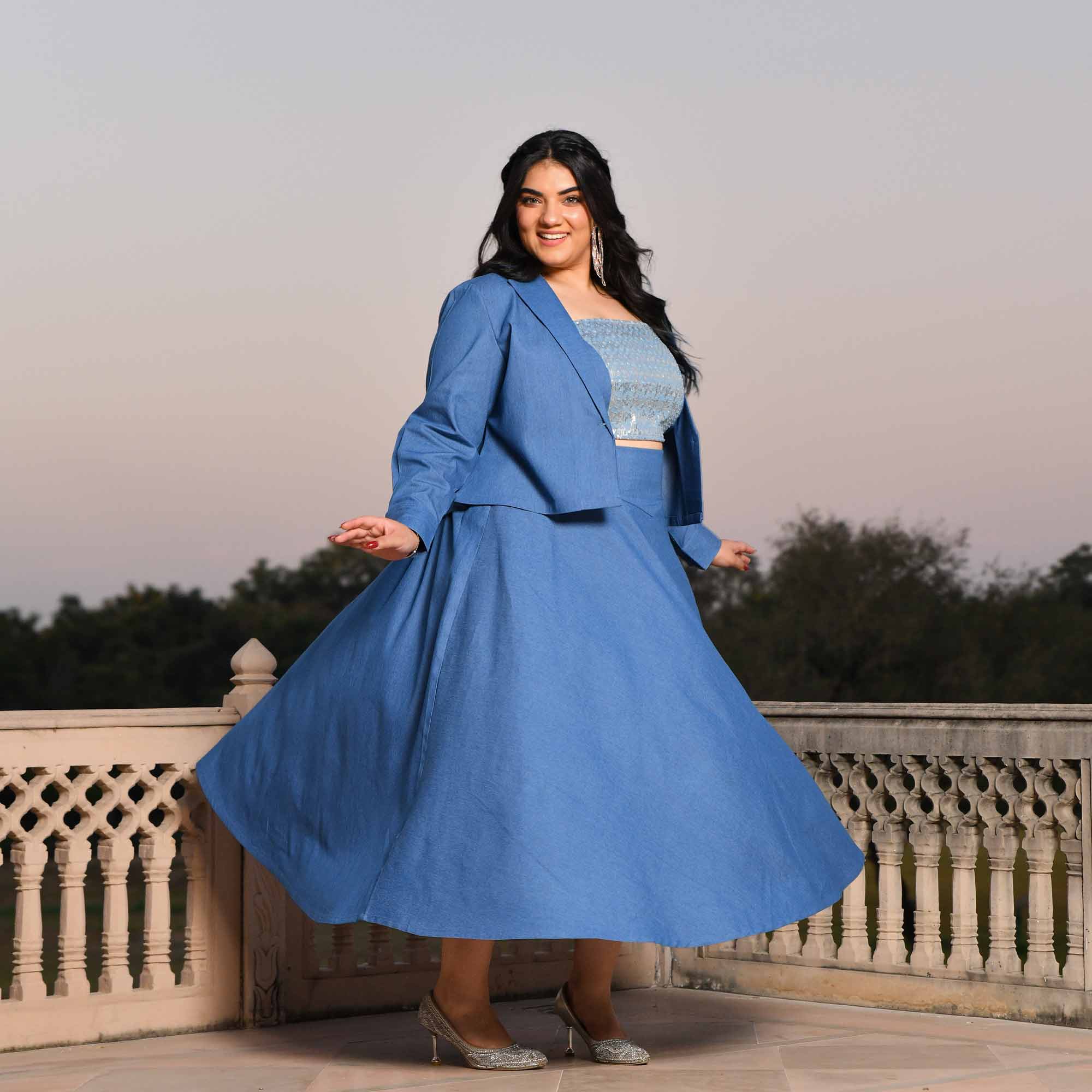 Paris- Medium Blue Denim Lycra Sequin Embellished Skirt Jacket Set