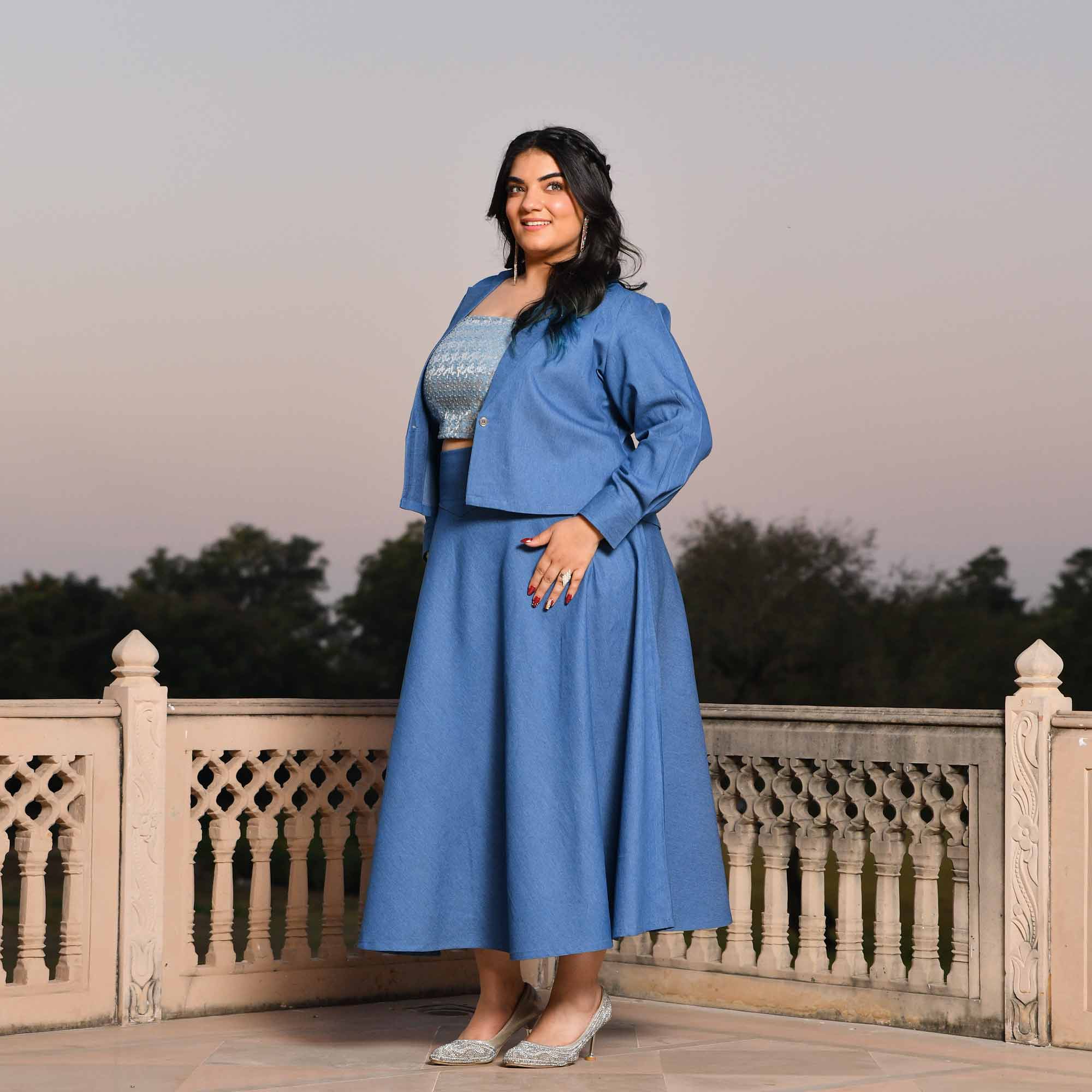 Paris- Medium Blue Denim Lycra Sequin Embellished Skirt Jacket Set