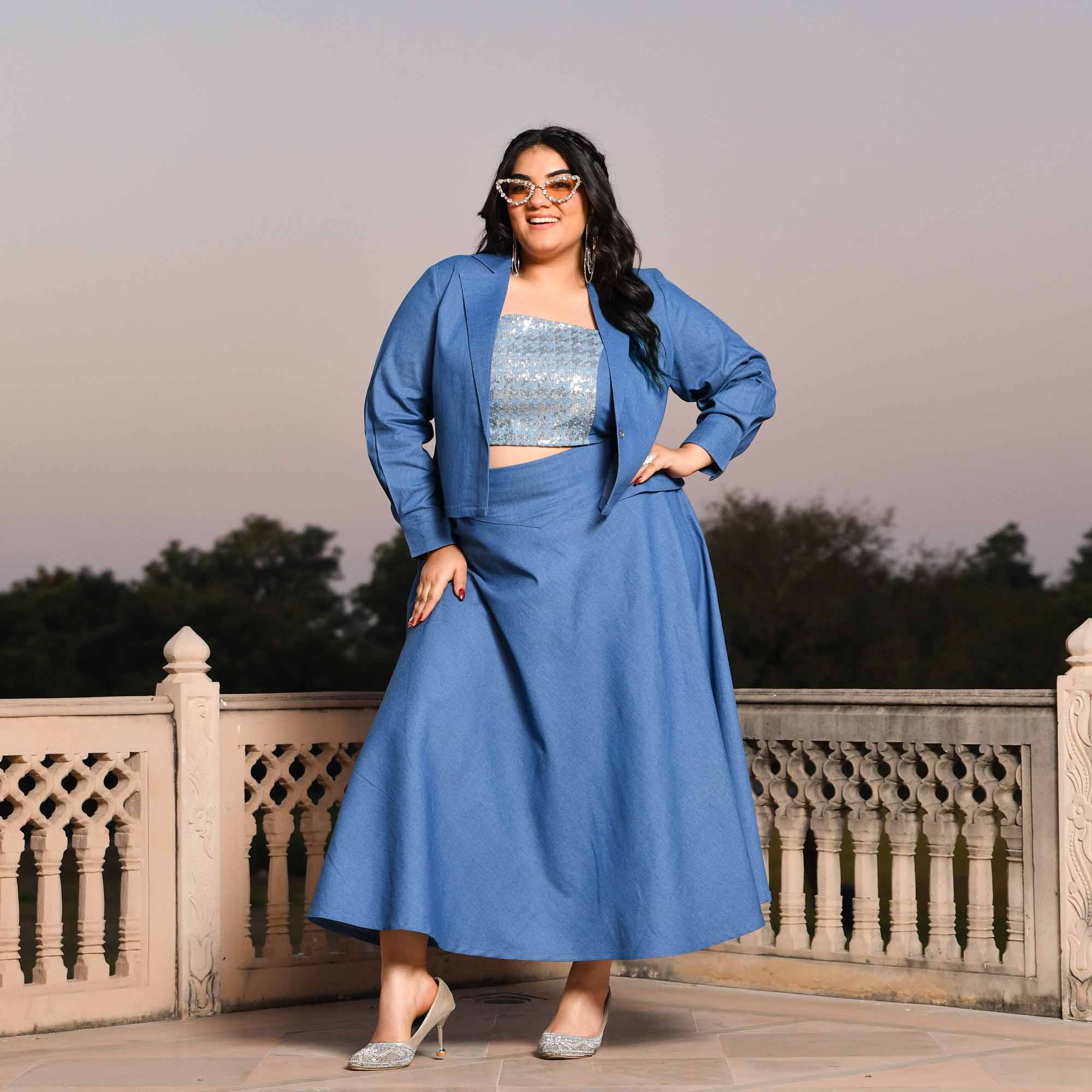 Paris- Medium Blue Denim Lycra Sequin Embellished Skirt Jacket Set