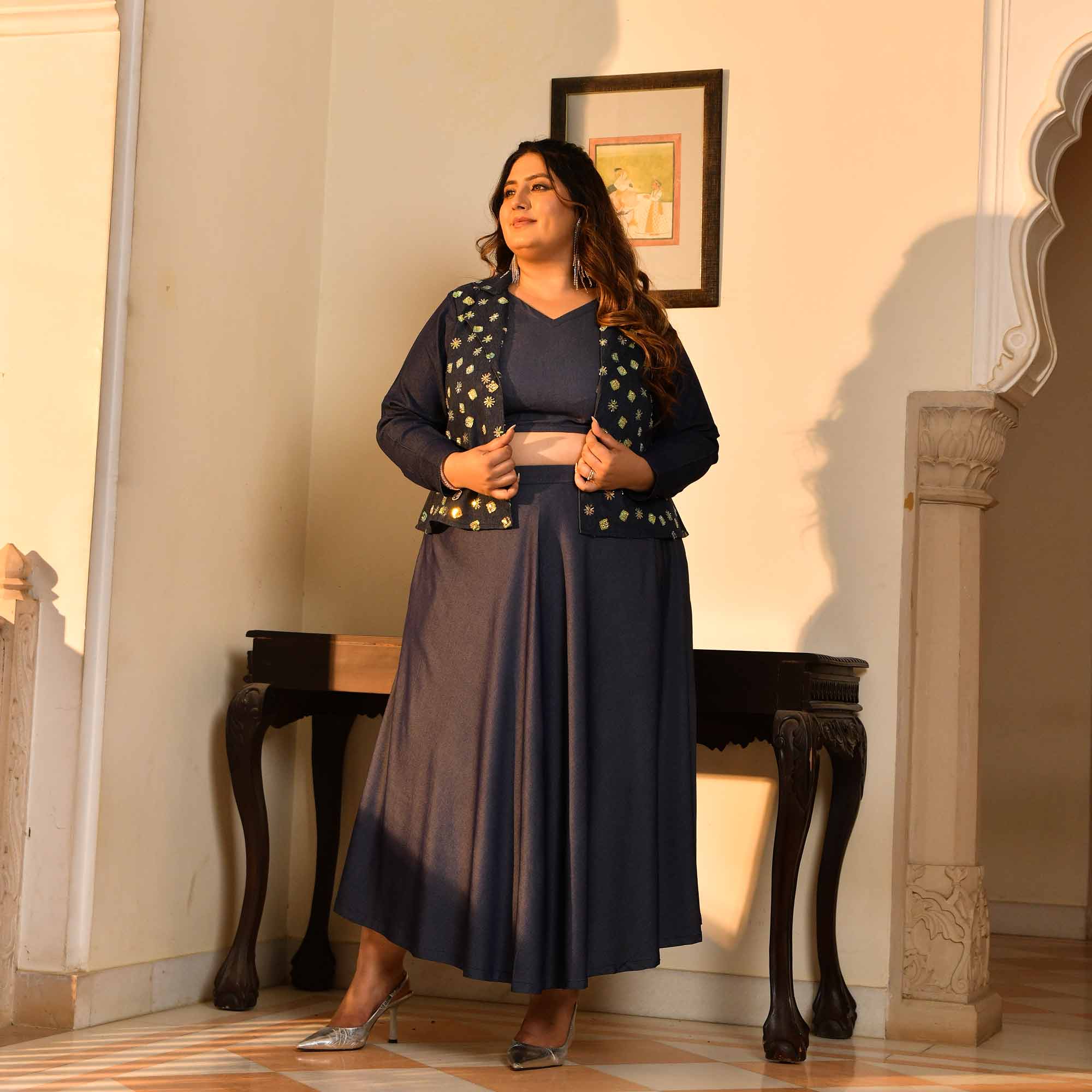 City Light- Deep Blue Denim Sequin Embellished Skirt Jacket Set