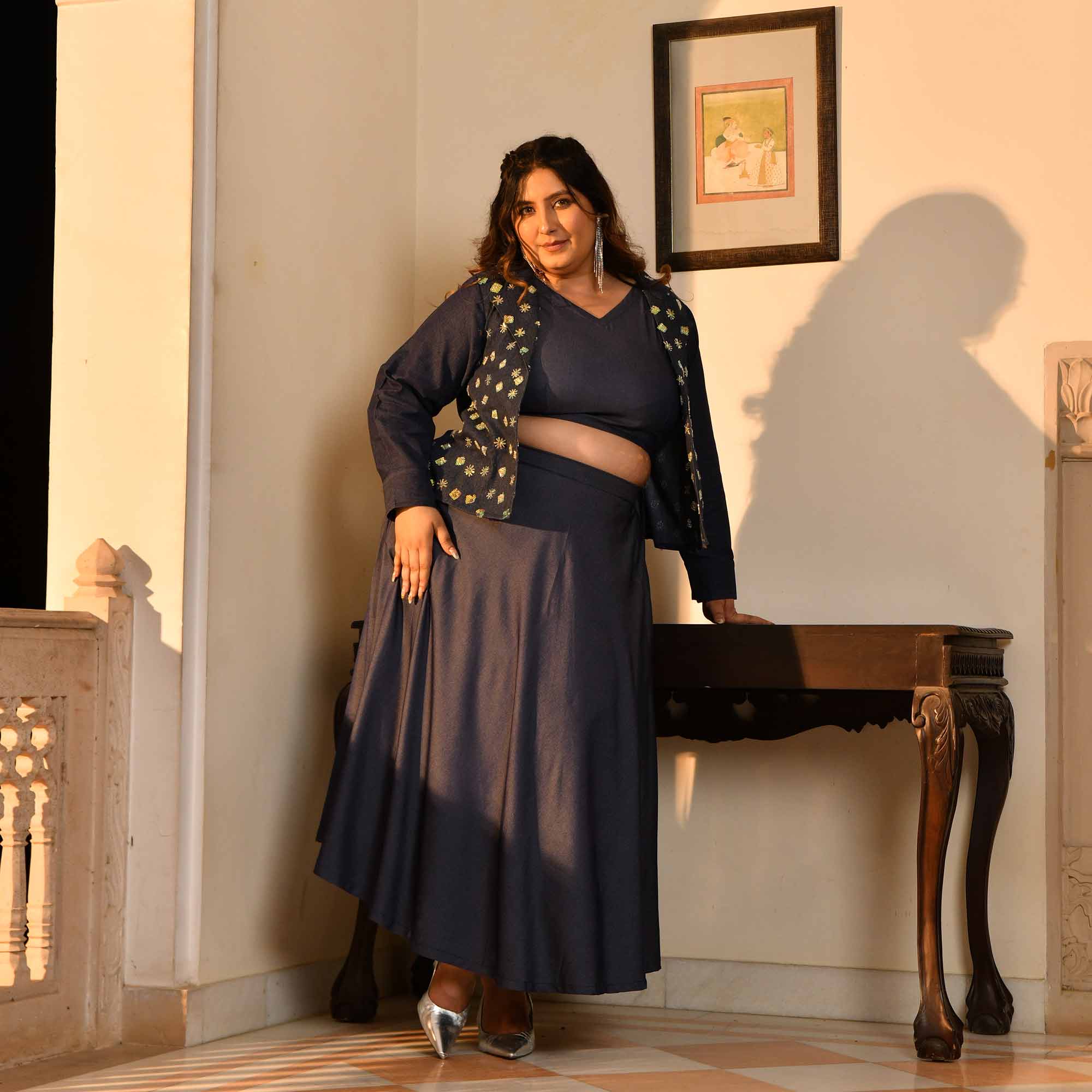 City Light- Deep Blue Denim Sequin Embellished Skirt Jacket Set