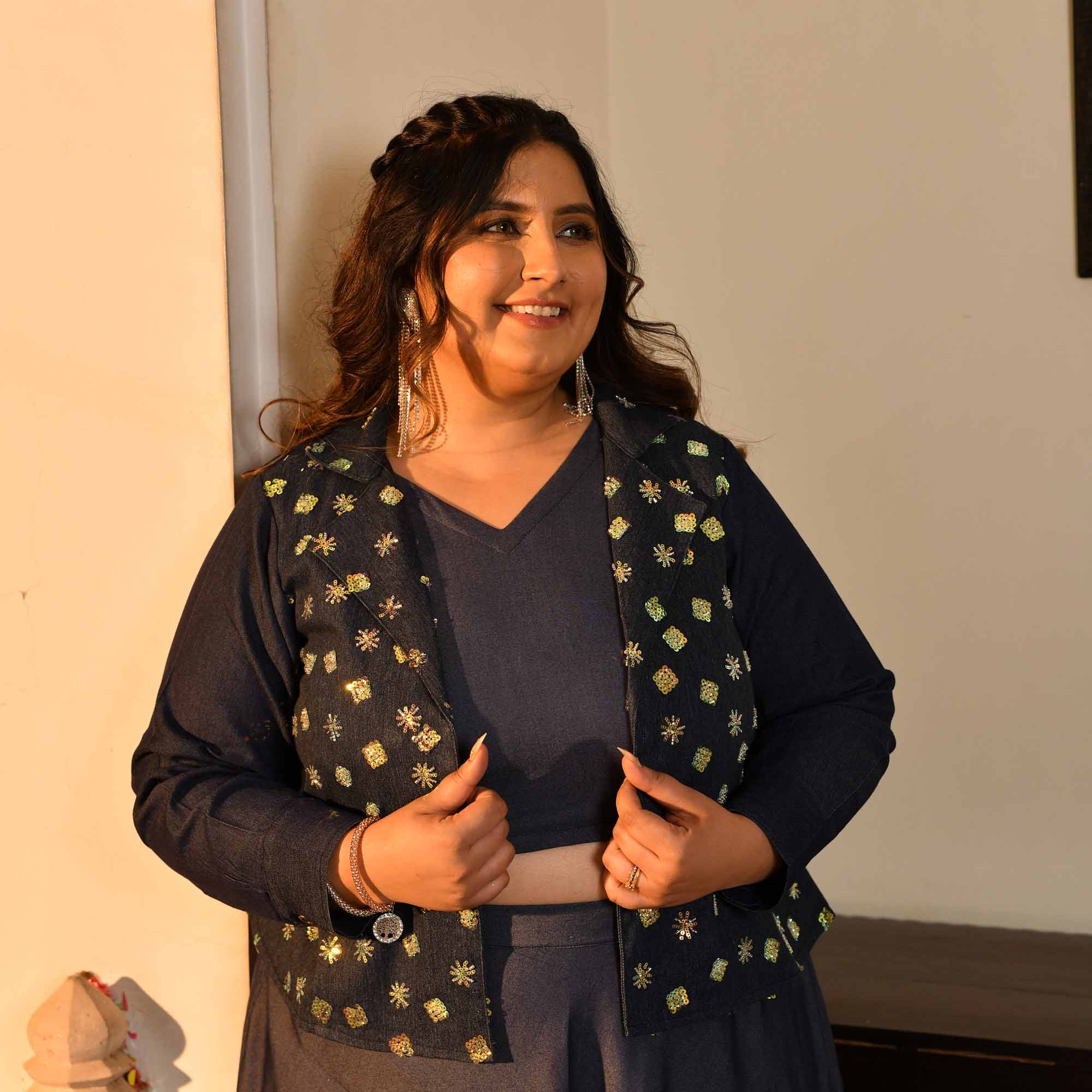 City Light- Deep Blue Denim Sequin Embellished Skirt Jacket Set