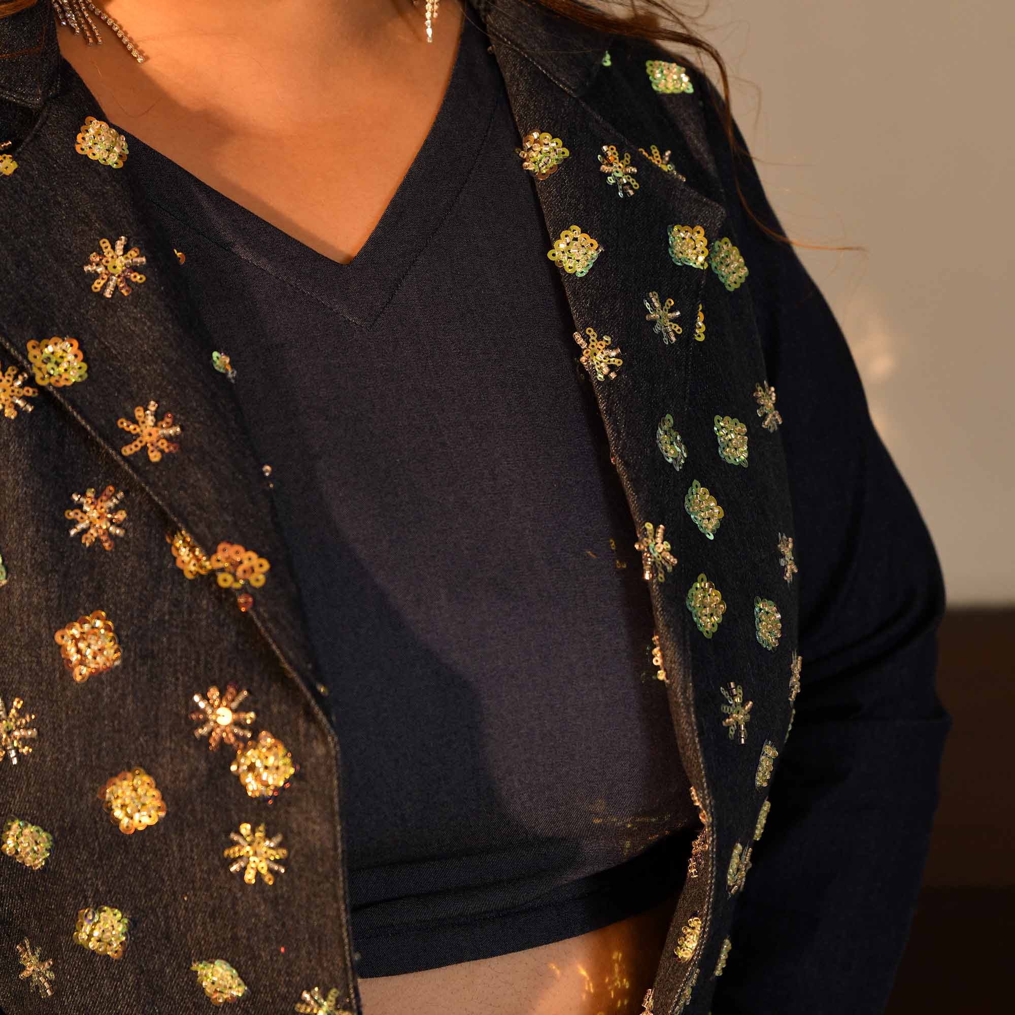 City Light- Deep Blue Denim Sequin Embellished Skirt Jacket Set