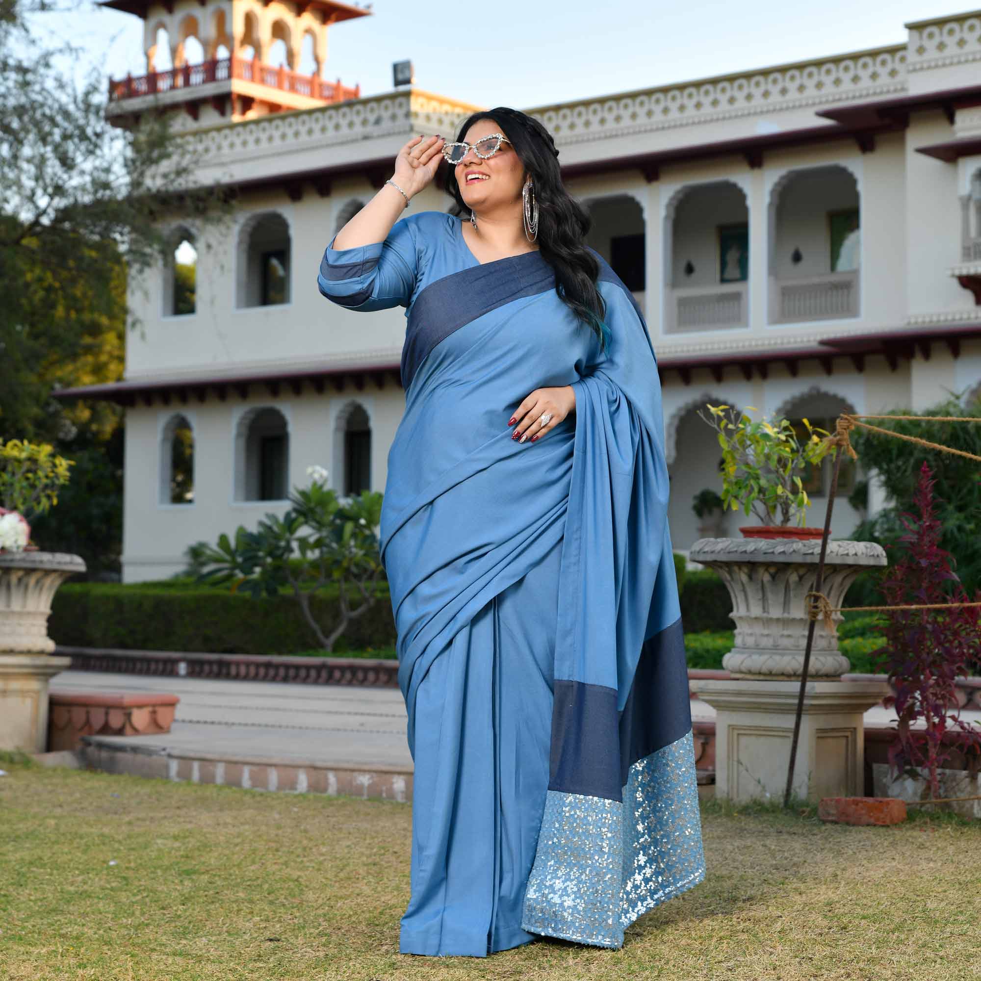 Indie Star- Medium Blue Denim Sequin Embellished Drape Saree Set