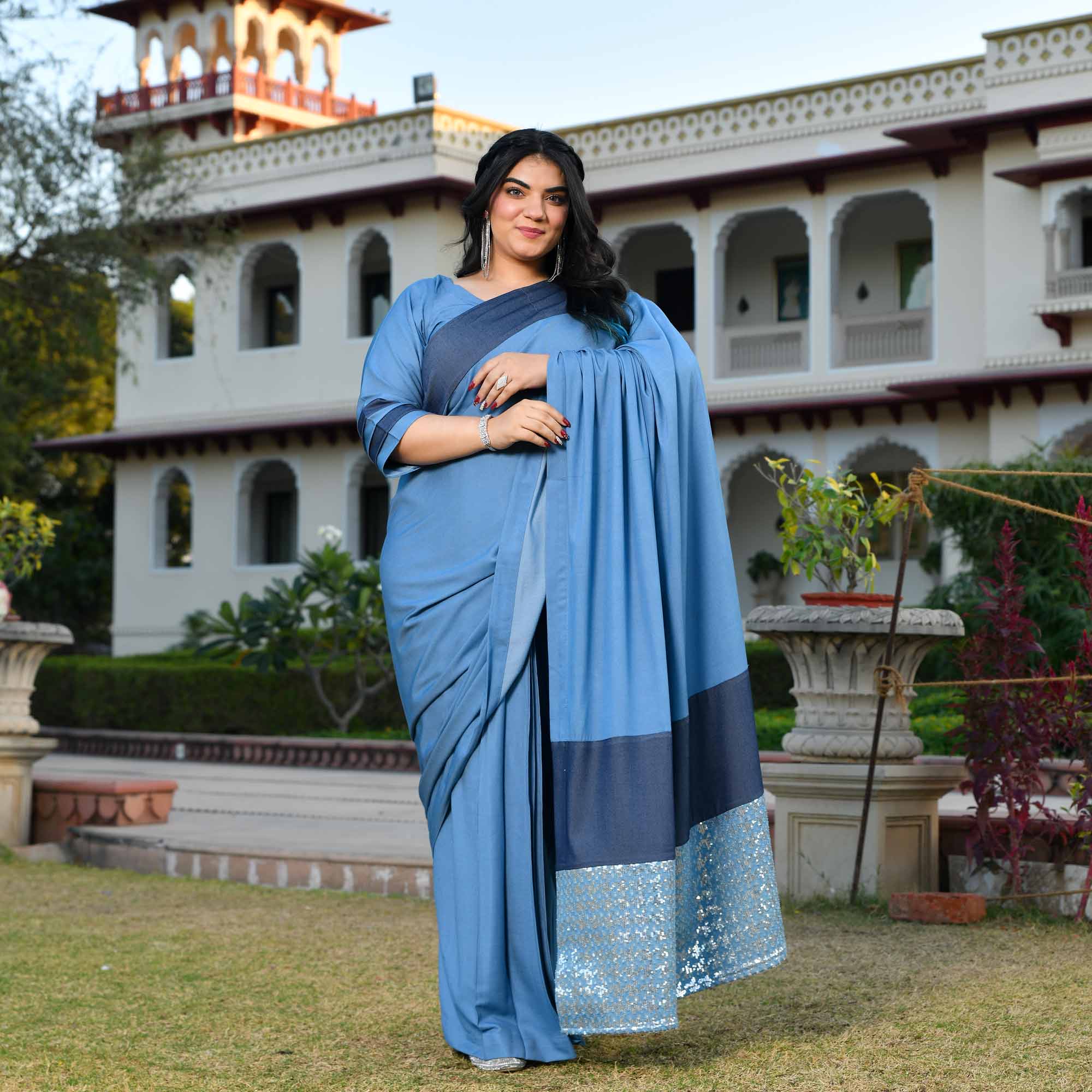 Indie Star- Medium Blue Denim Sequin Embellished Drape Saree Set