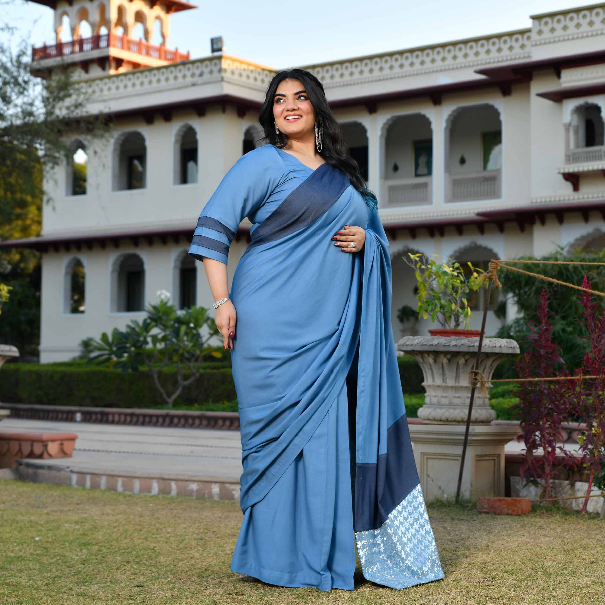Indie Star- Medium Blue Denim Sequin Embellished Drape Saree Set