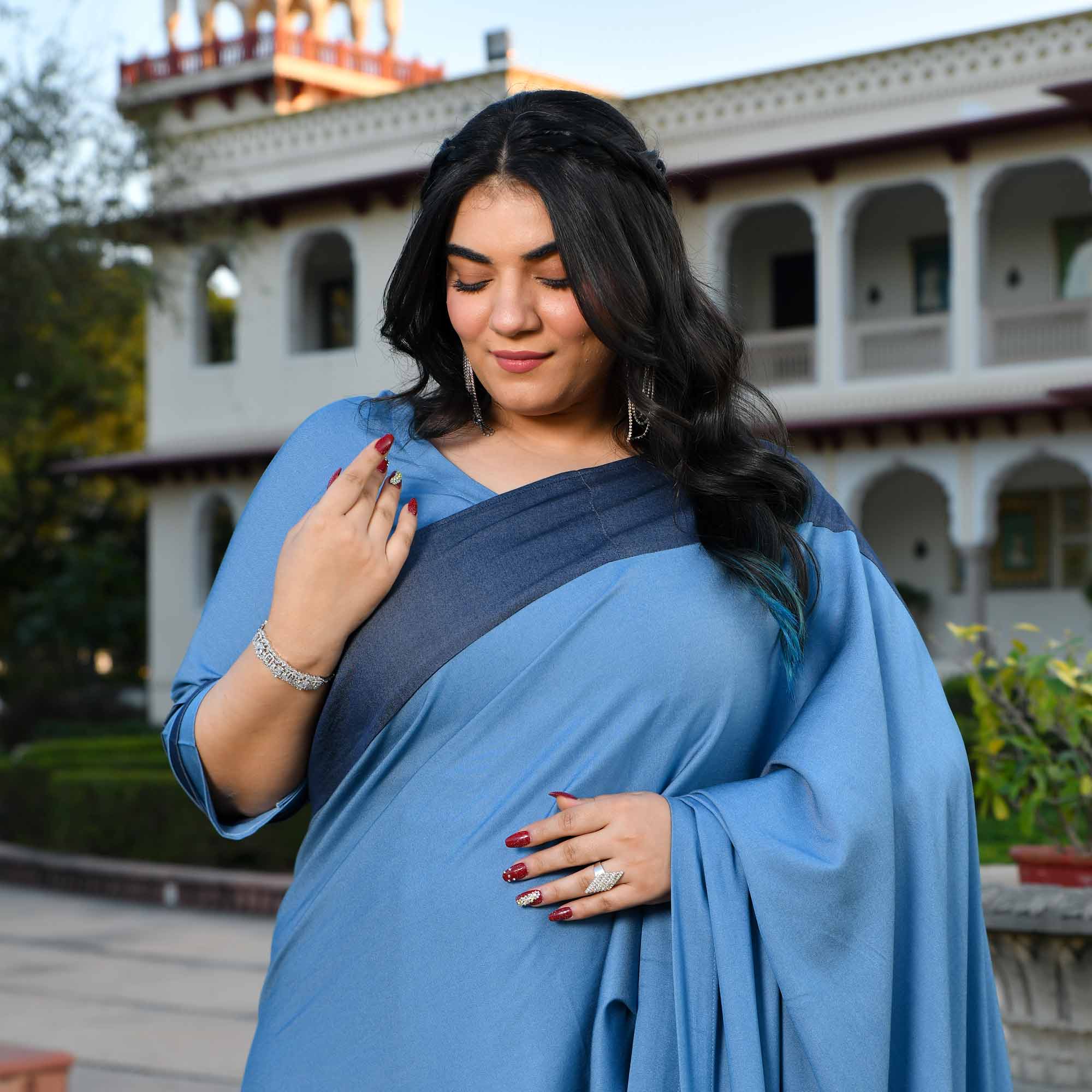 Indie Star- Medium Blue Denim Sequin Embellished Drape Saree Set