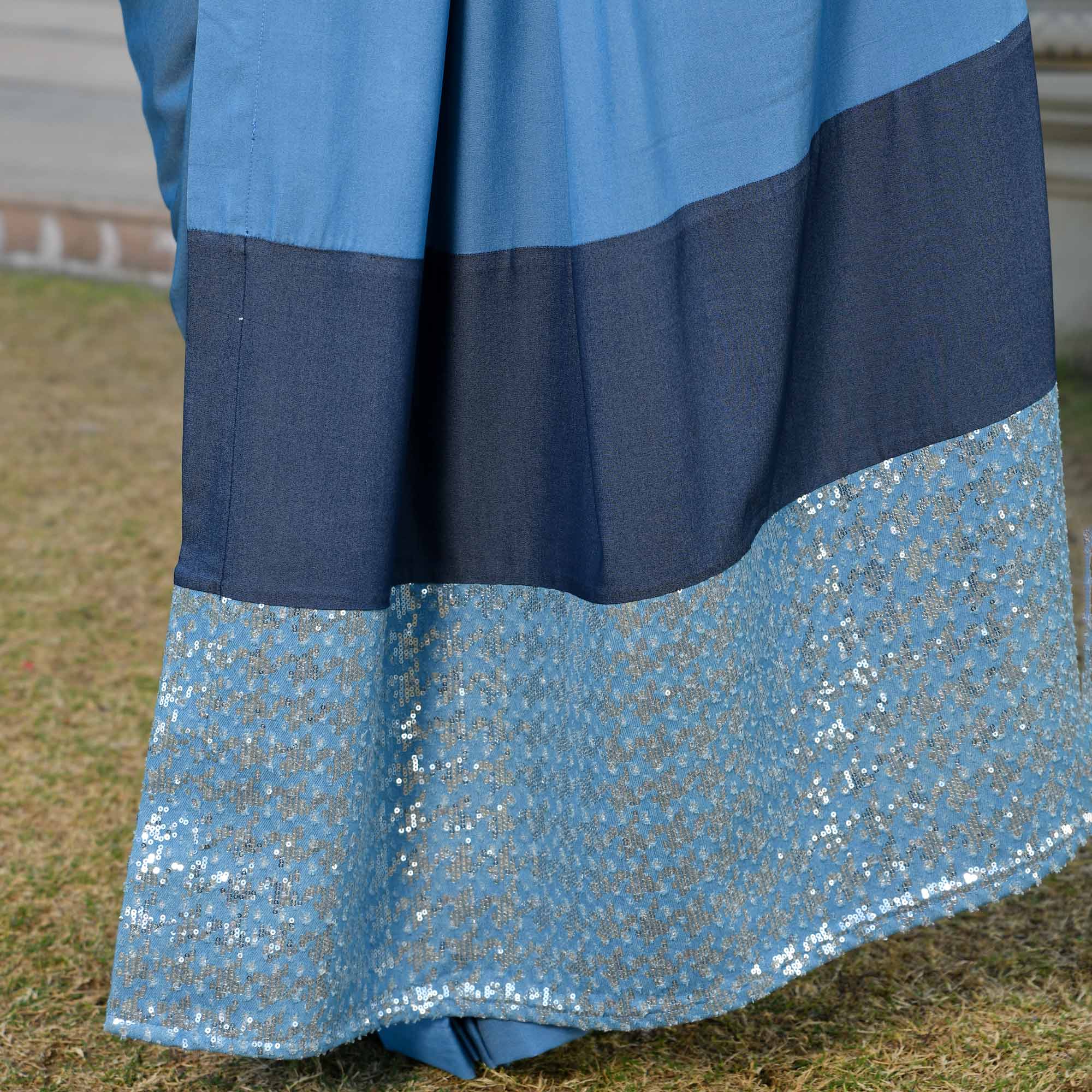 Indie Star- Medium Blue Denim Sequin Embellished Drape Saree Set