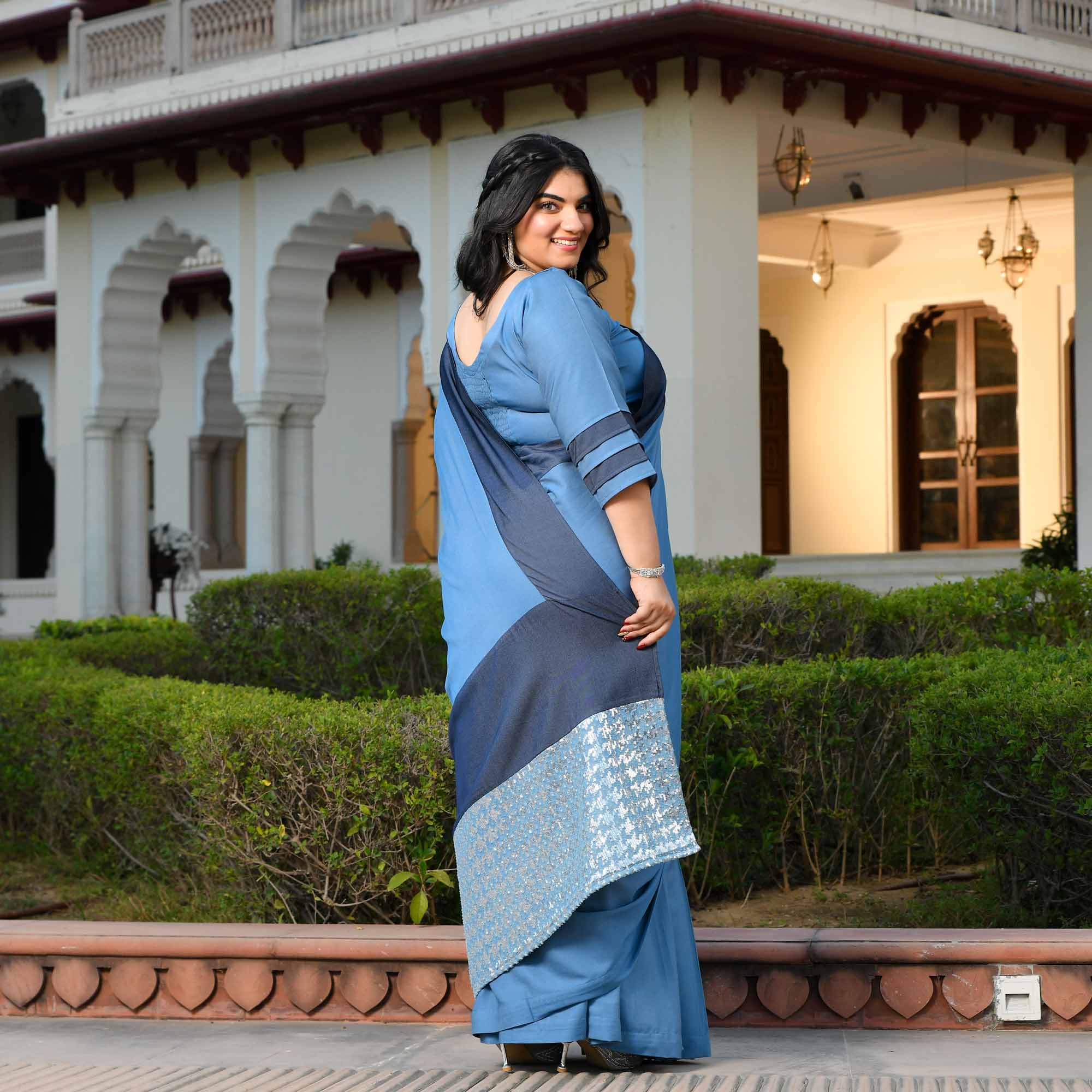 Indie Star- Medium Blue Denim Sequin Embellished Drape Saree Set
