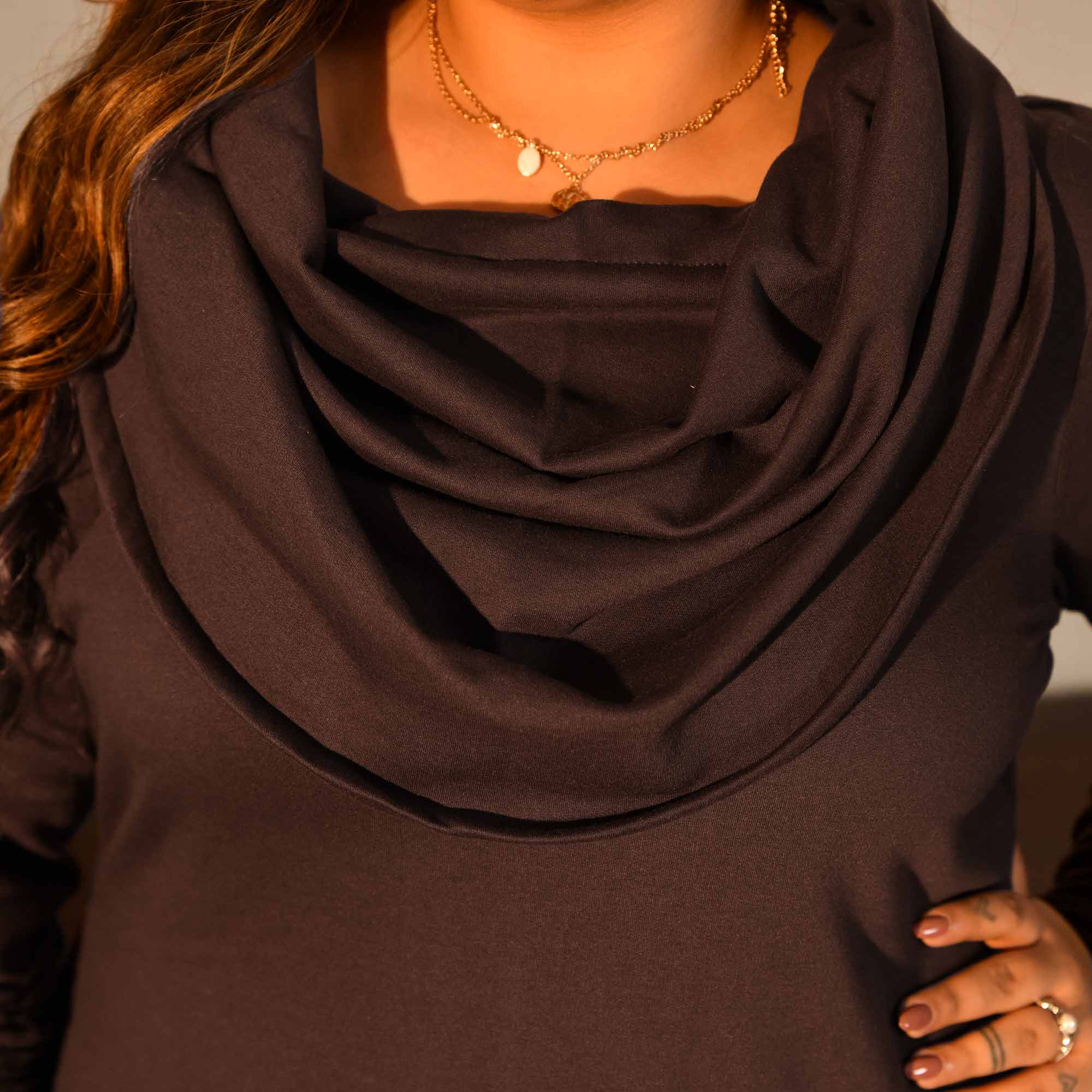 Nutella - Woollen Brown Fleece Brushed Aline Cowl Dress