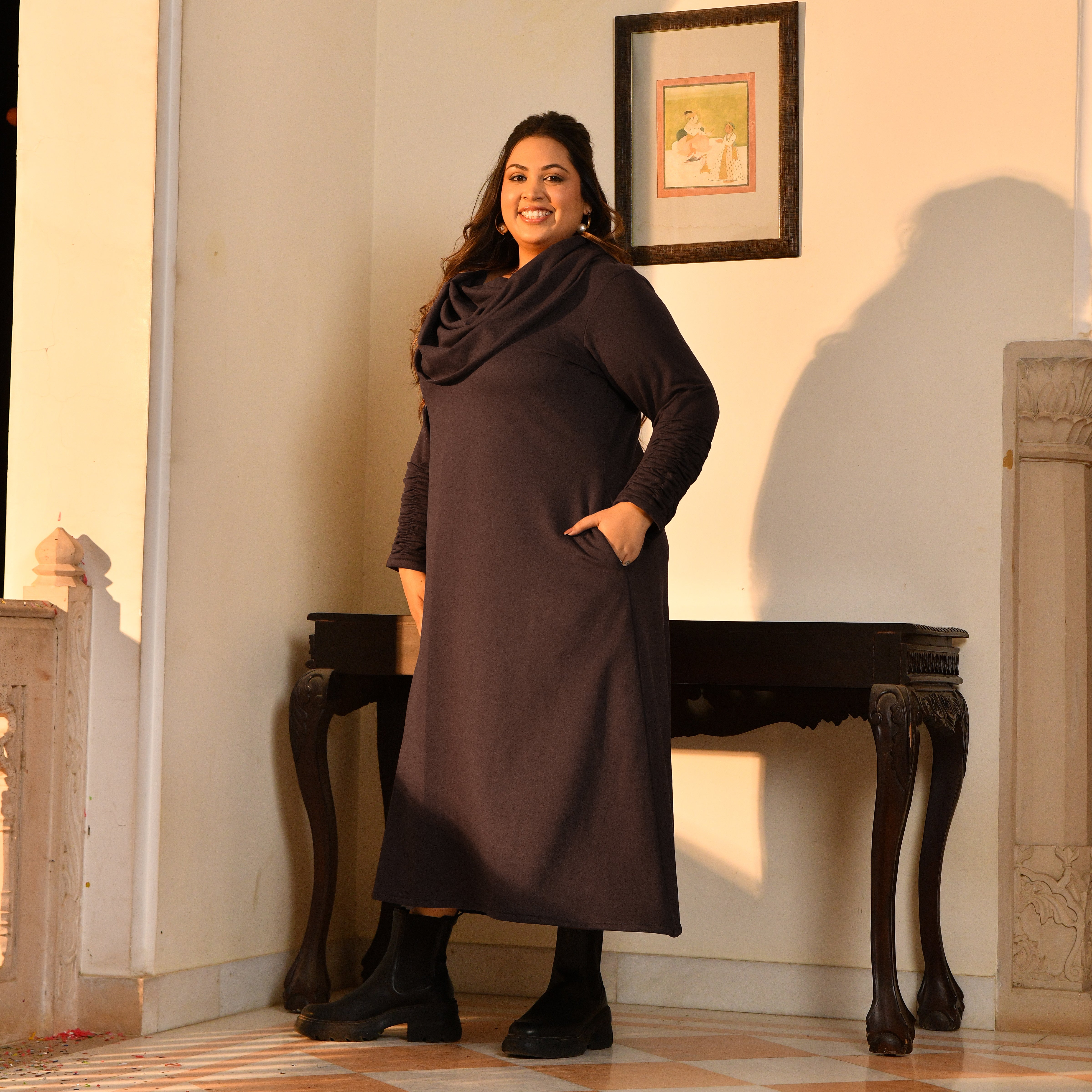 Nutella - Woollen Brown Fleece Brushed Aline Cowl Dress