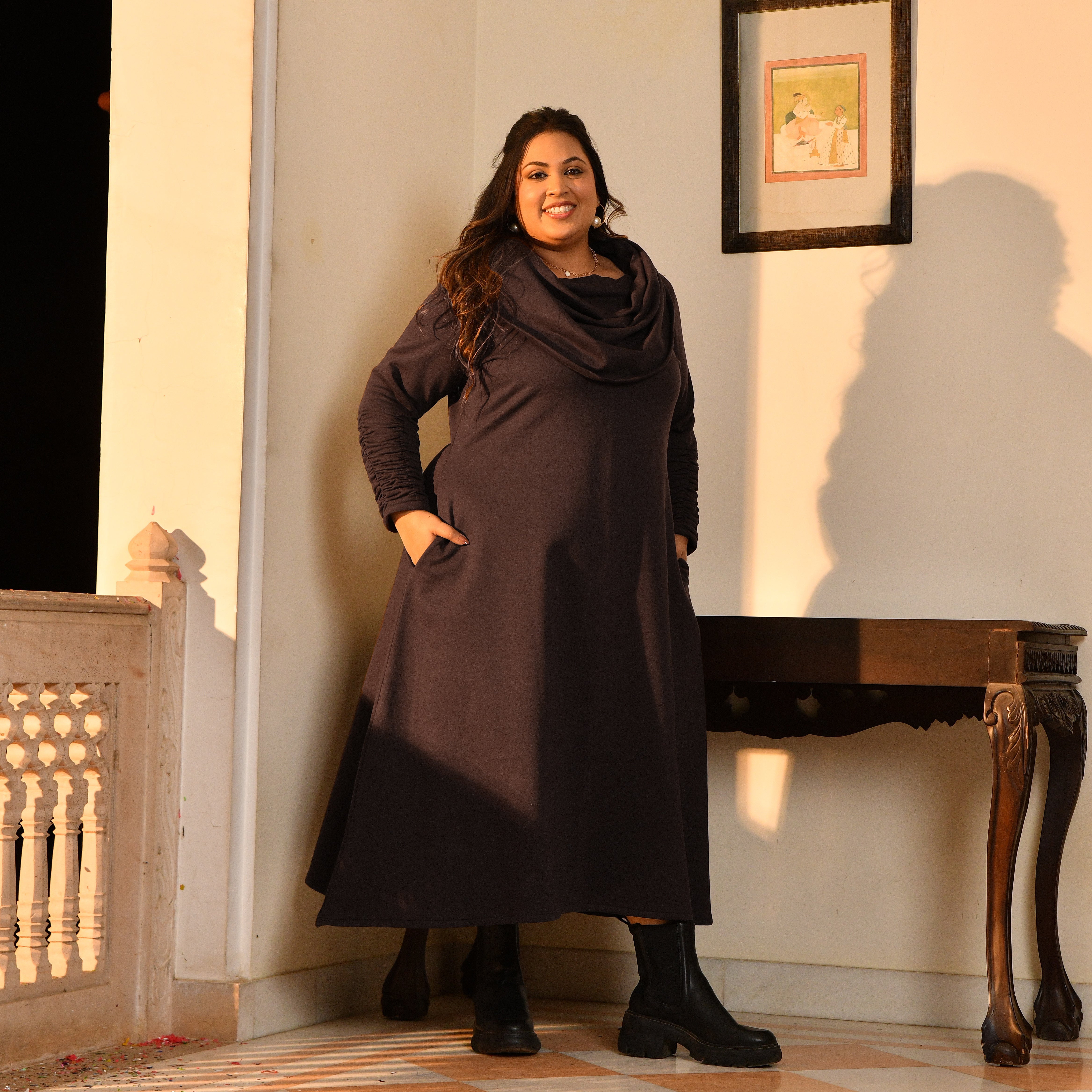 Nutella - Woollen Brown Fleece Brushed Aline Cowl Dress