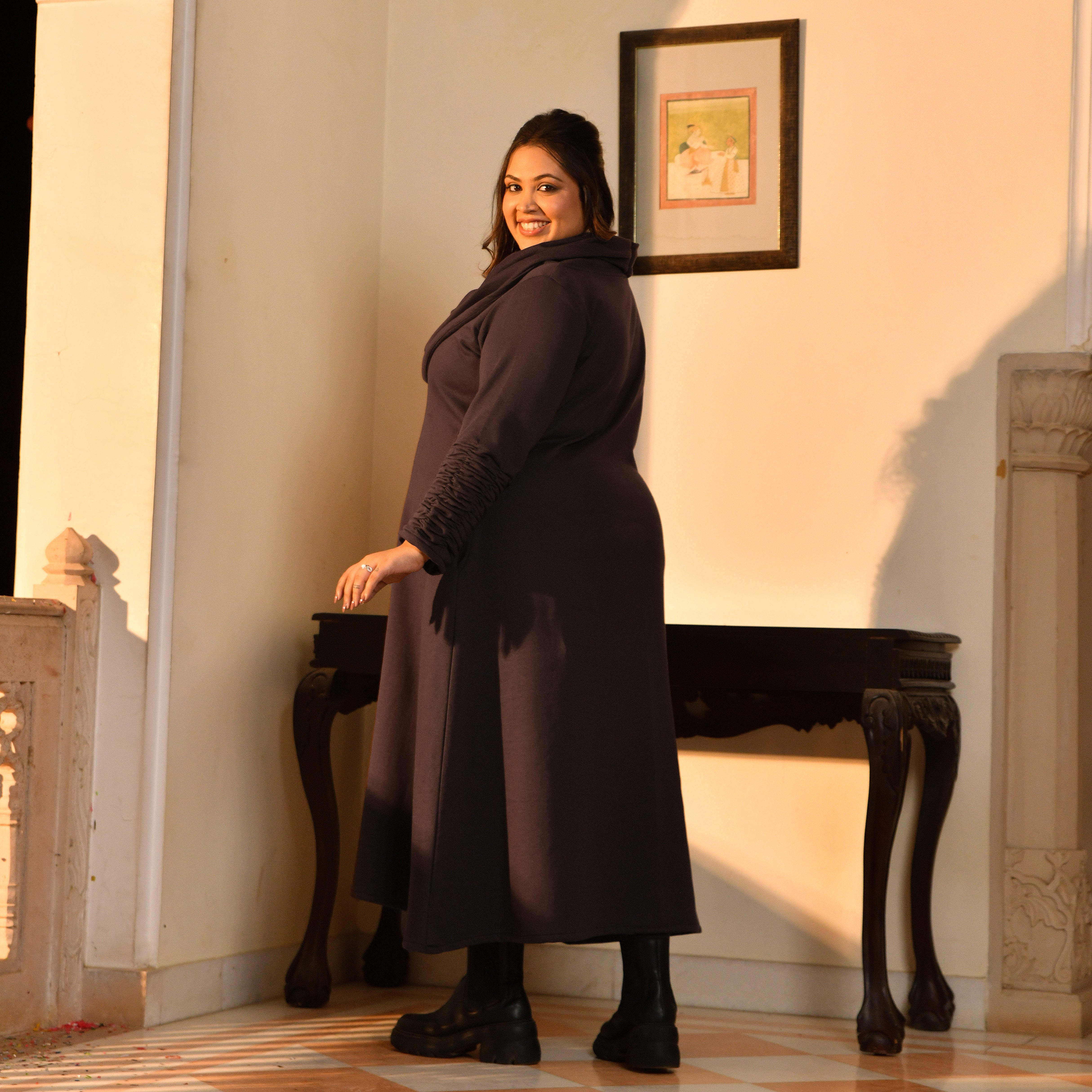 Nutella - Woollen Brown Fleece Brushed Aline Cowl Dress