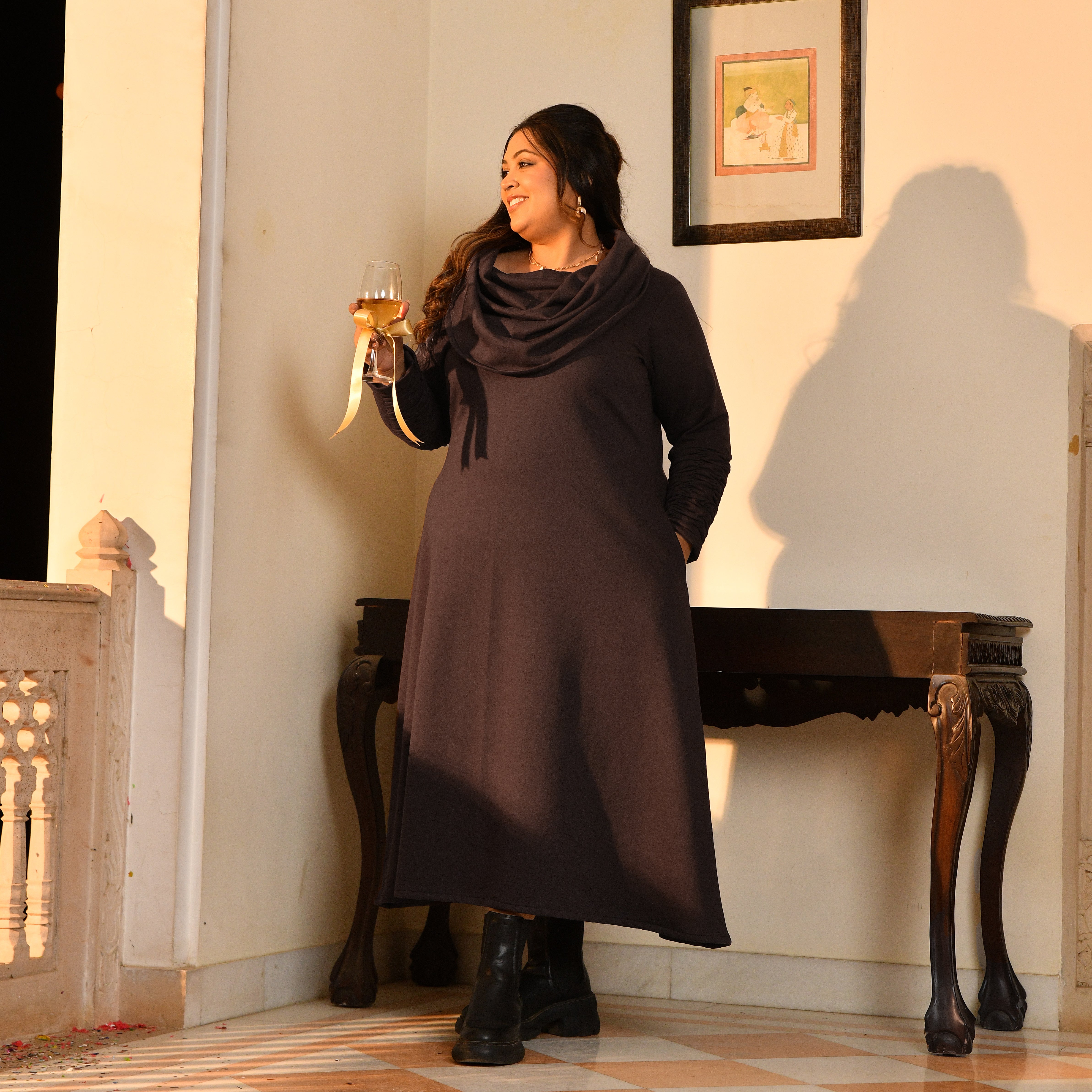 Nutella - Woollen Brown Fleece Brushed Aline Cowl Dress