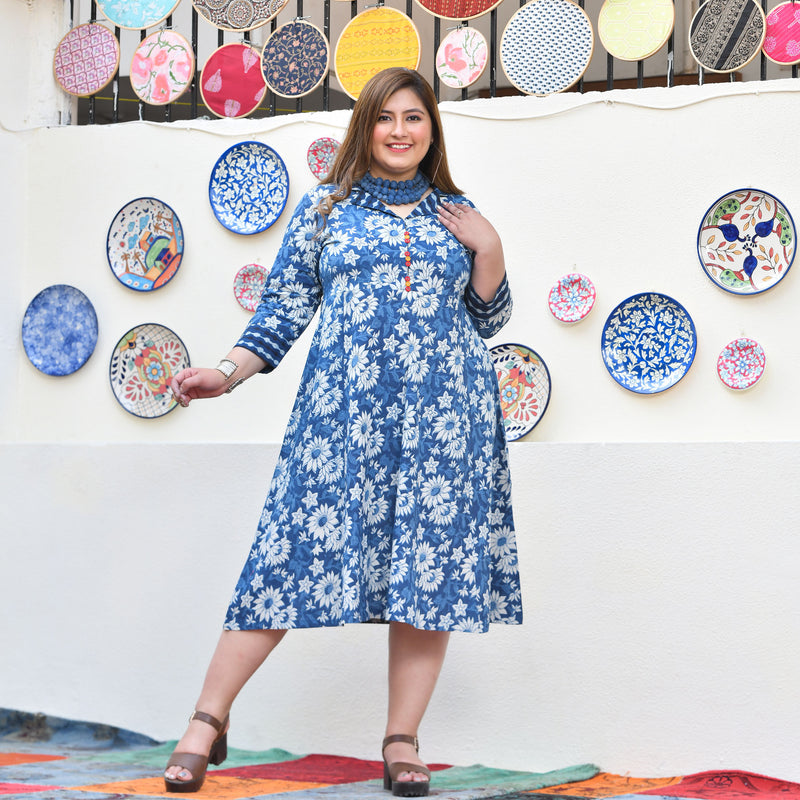 Indigo Daisy Floral Handblock Cotton Aline Dress
