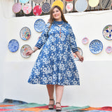 Indigo Daisy Floral Handblock Cotton Aline Dress